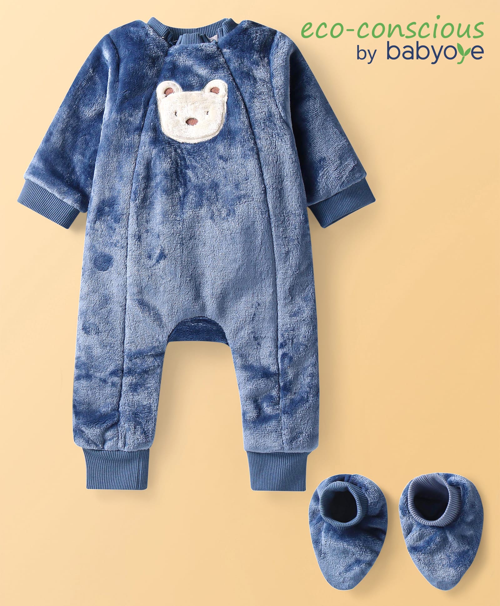 Babyoye Cotton Knit Full Sleeves Winter Wear Sleepsuit with Pair of Booties & Bear Patch - Navy Blue
