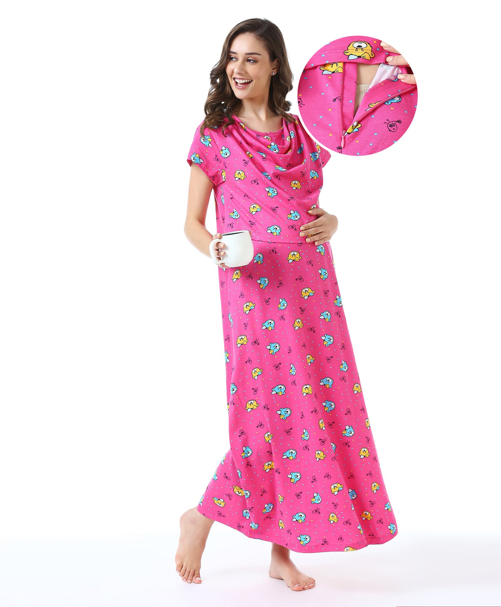 Bella Mama 100% Cotton Knit Half Sleeves Nursing Nighty Bear Print - Pink-picture-25