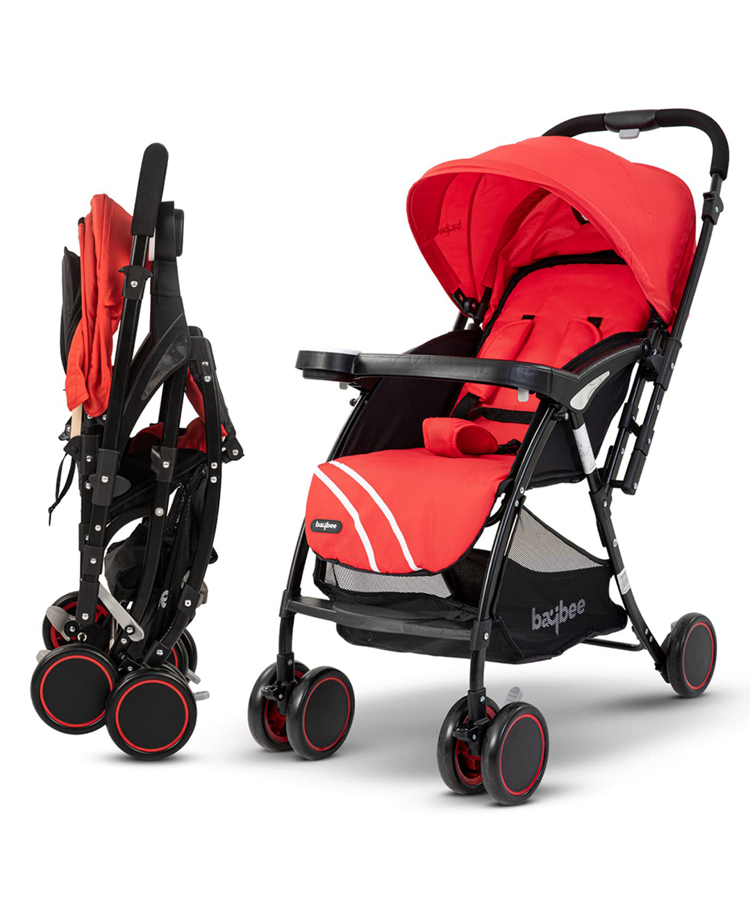 Baybee Convertible Baby Stroller for Newborn Babies with Aluminum Frame 3-Position Adjustable Canopy Reversible Seat Bassinet Safety harness Storage Basket & Rear Brake - Red-image-36