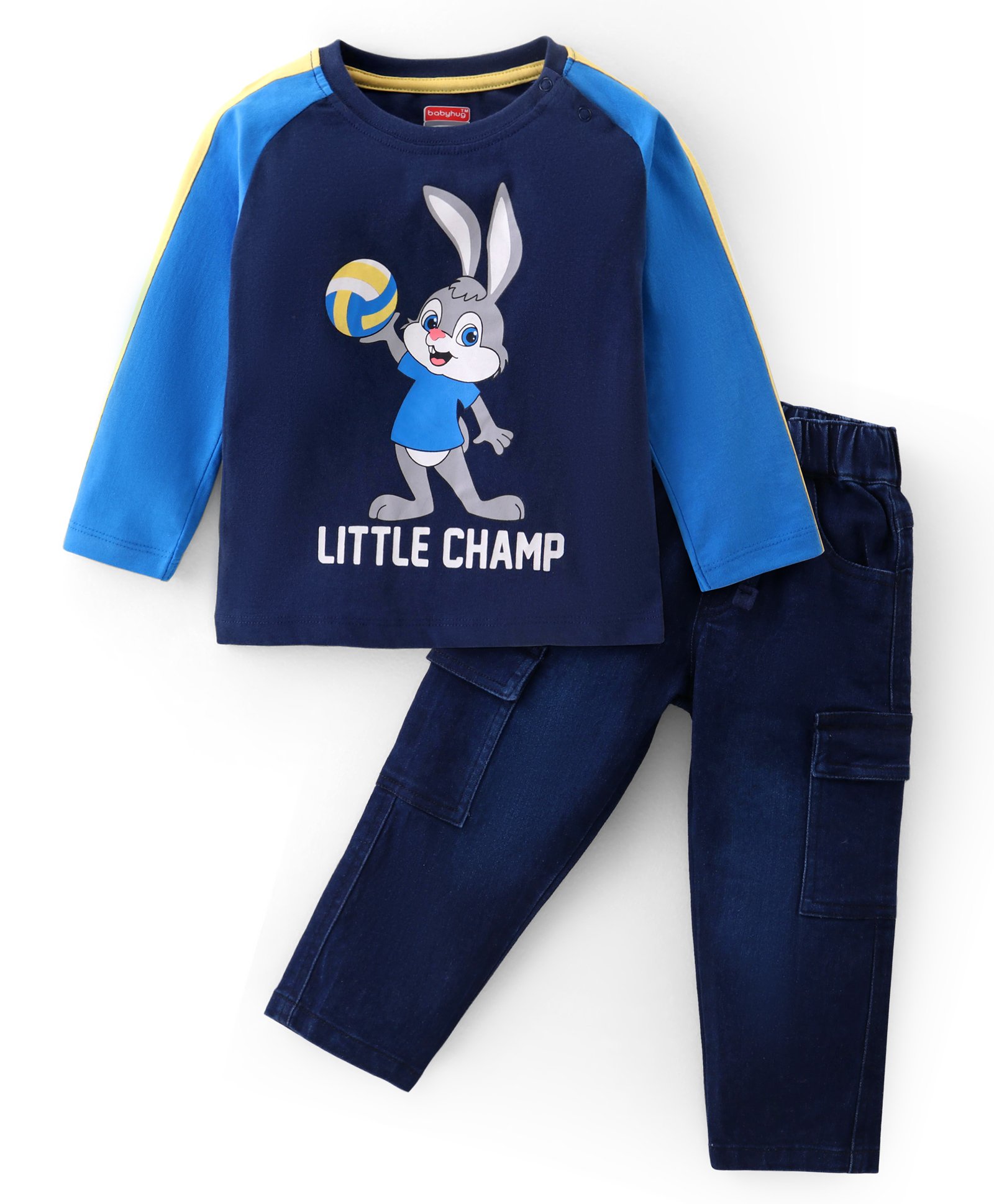 Babyhug Single Jersey Knit Raglan Sleeves T-Shirt & Denim Pants Set With Bunny Print - Blue-picture-18