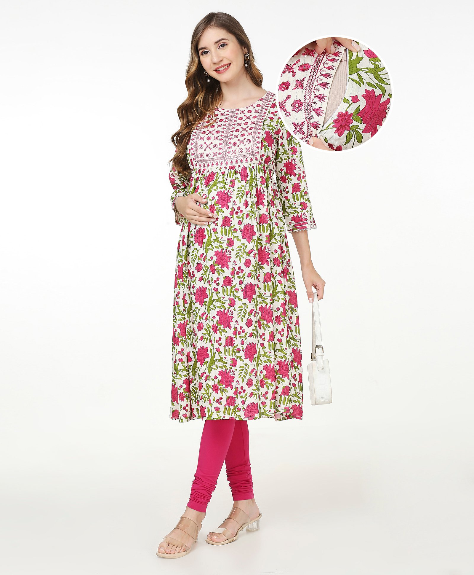 Bella Mama Woven Three Fourth Sleeves Floral Print With Embrodiered Yoke Maternity Kurta With Pocket-  White-image-39