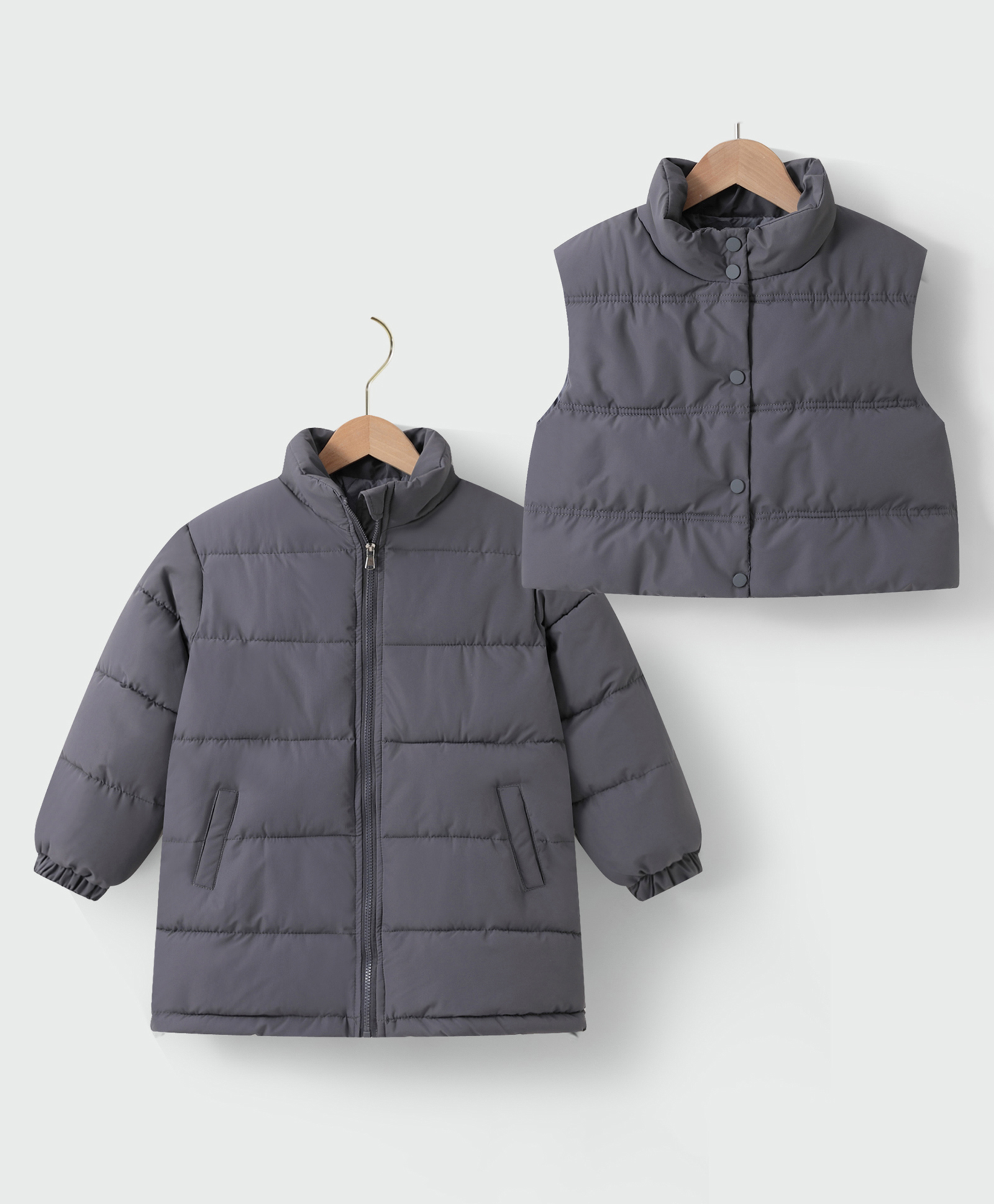 Kookie Kids Full Sleeves & Sleeveless Padded Quilted Jackets With Solid Colour Pack of 2 - Grey-image-27
