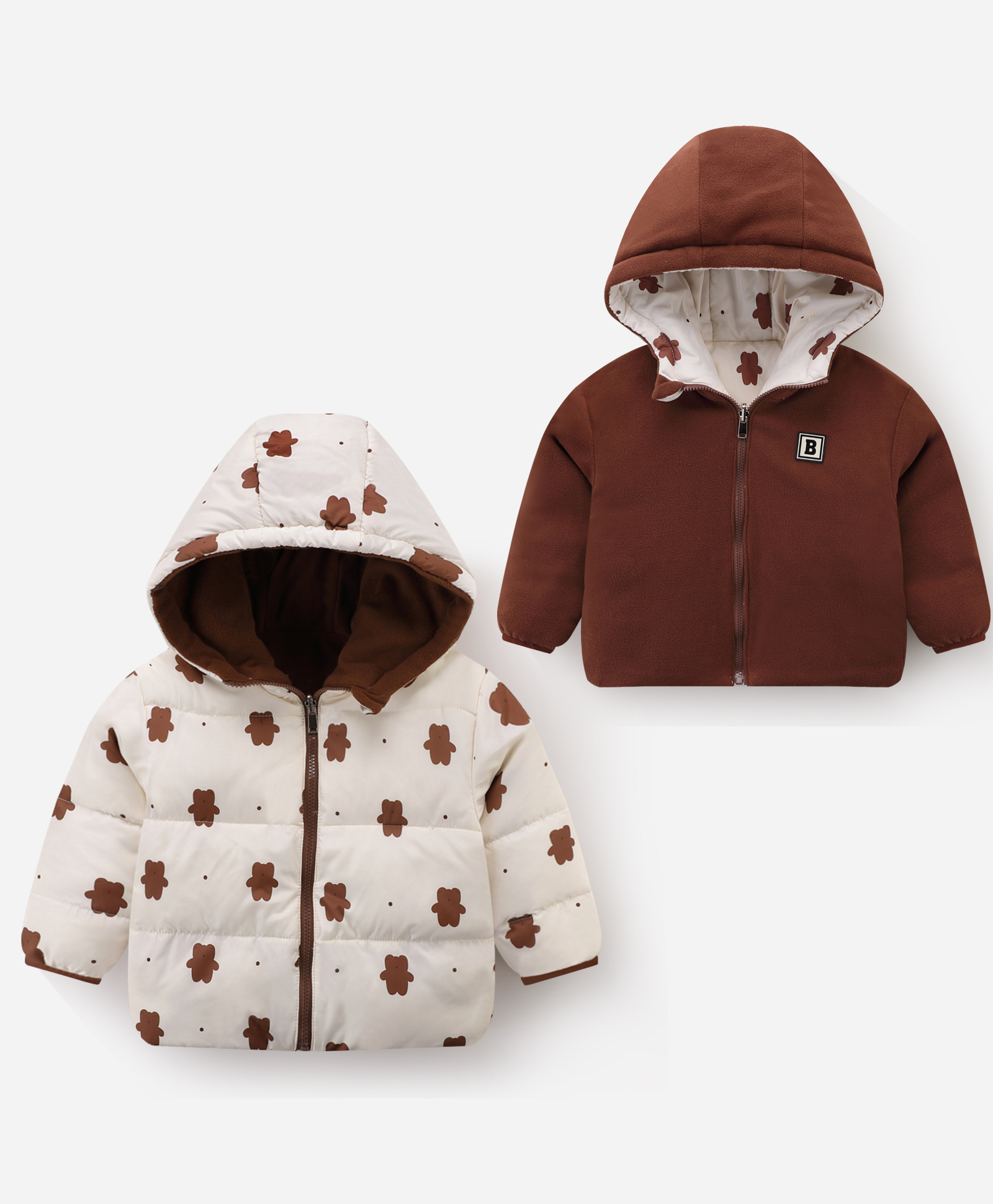 Kookie Kids Full Sleeves Padded Hooded Reversible Jacket with Gummy Bears Design - White & Brown-image-25