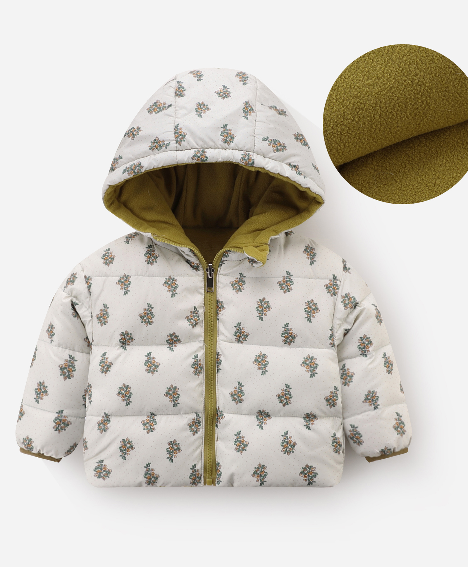 Kookie Kids Full Sleeves Padded Hooded Reversible Jacket with Floral Design - White & Green-image-45