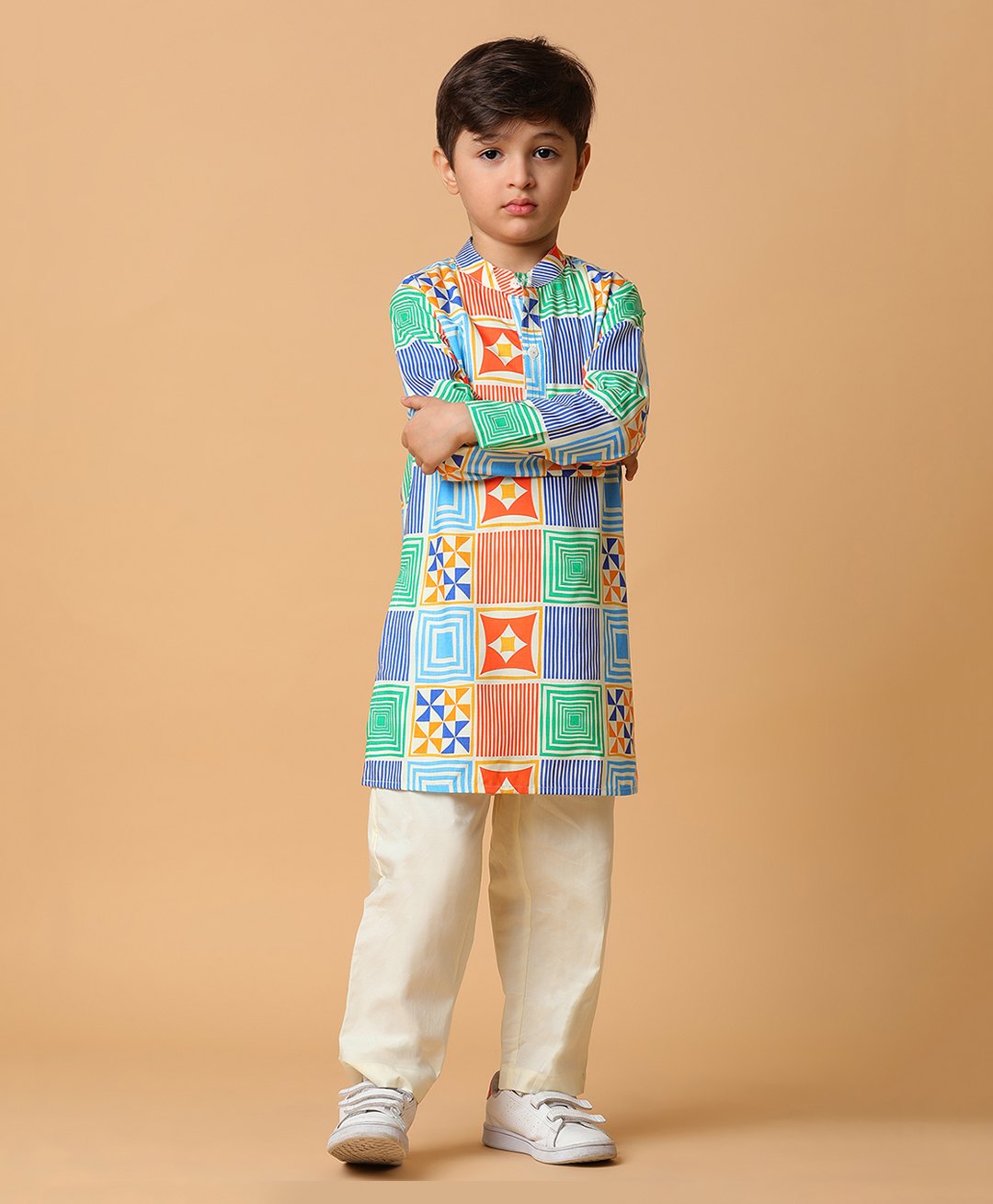 Tales & Stories Viscose Full Sleeves Geometric Design Printed Kurta & Pyjama Set - Blue-image-20
