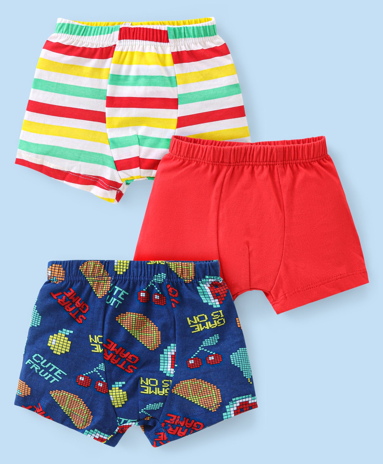 Babyhug 100% Cotton Above Knee Length Striped Trunks with Game Print Pack of 3 - Multicolour-image-4