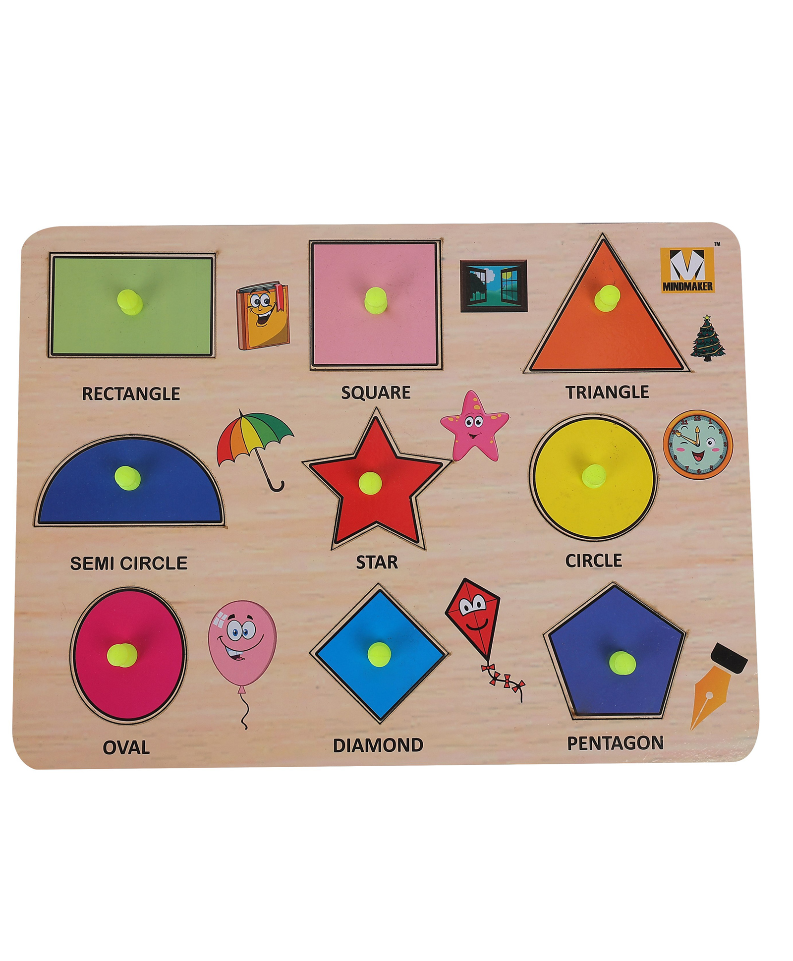 MINDMAKER - Wooden Puzzle with Knobs Educational and Learning Toy for Kids (shapes) 9 Pieces-picture-3