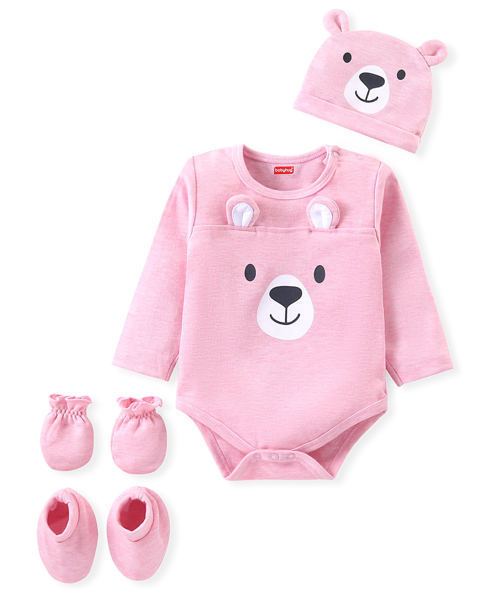 Babyhug Interlock Knit Full Sleeves Onesie with Mittens Booties & Cap Bear Applique & Print - Pink-picture-33