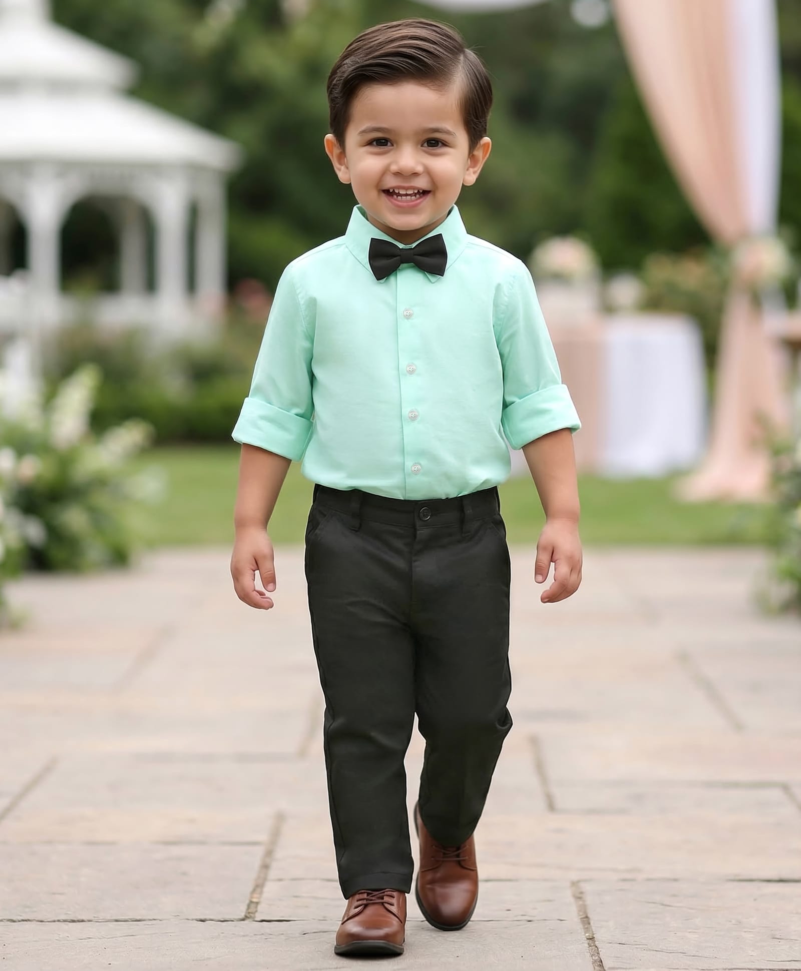 Babyhug Cotton Woven Full Sleeves Solid Shirt & Trouser Set with Bow & Suspender - Sea Green-image-37