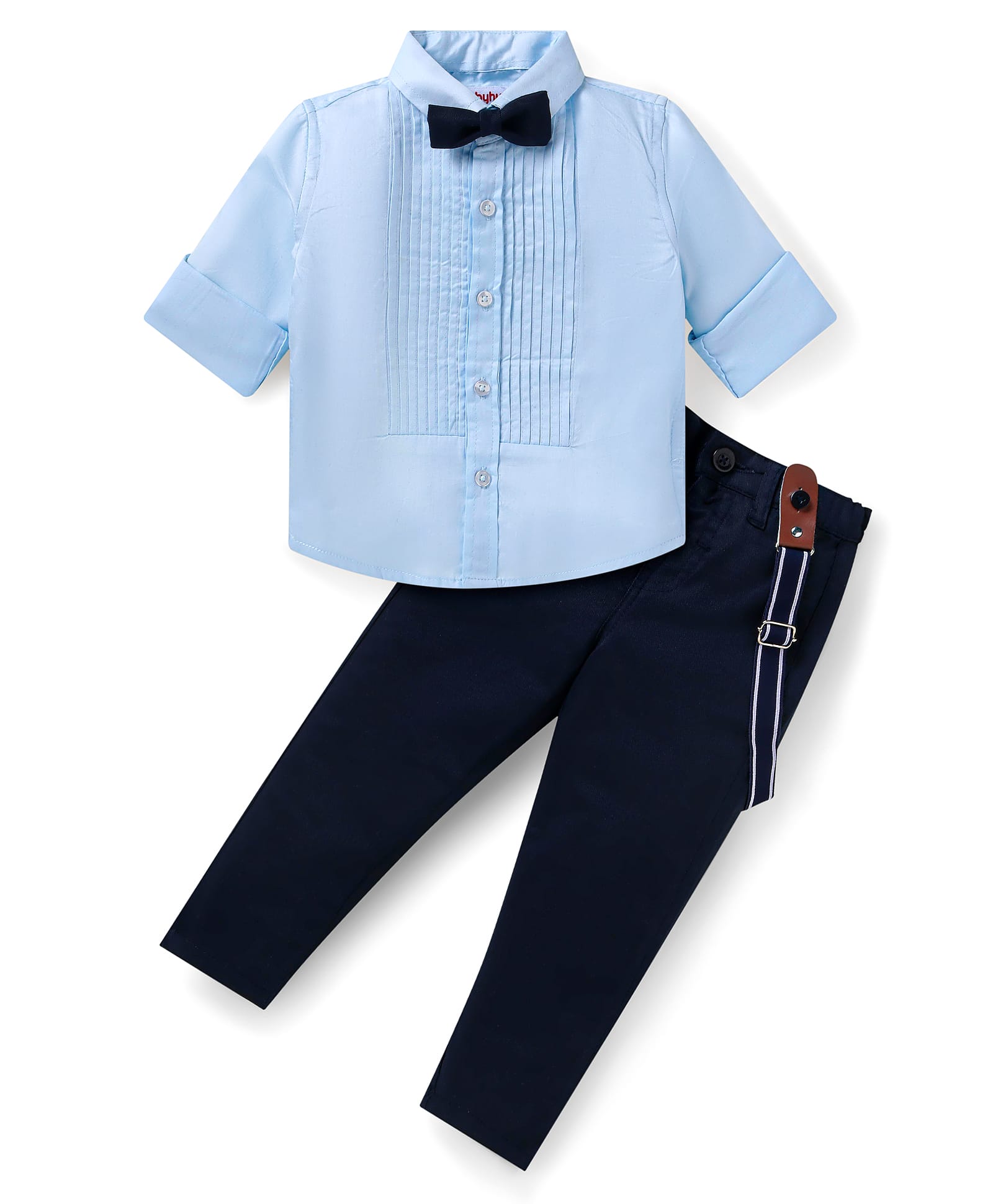Babyhug Cotton Woven Full Sleeves Solid Colour Shirt & Trouser Set with Pinktucks Detailing Bow & Suspender - Light Blue