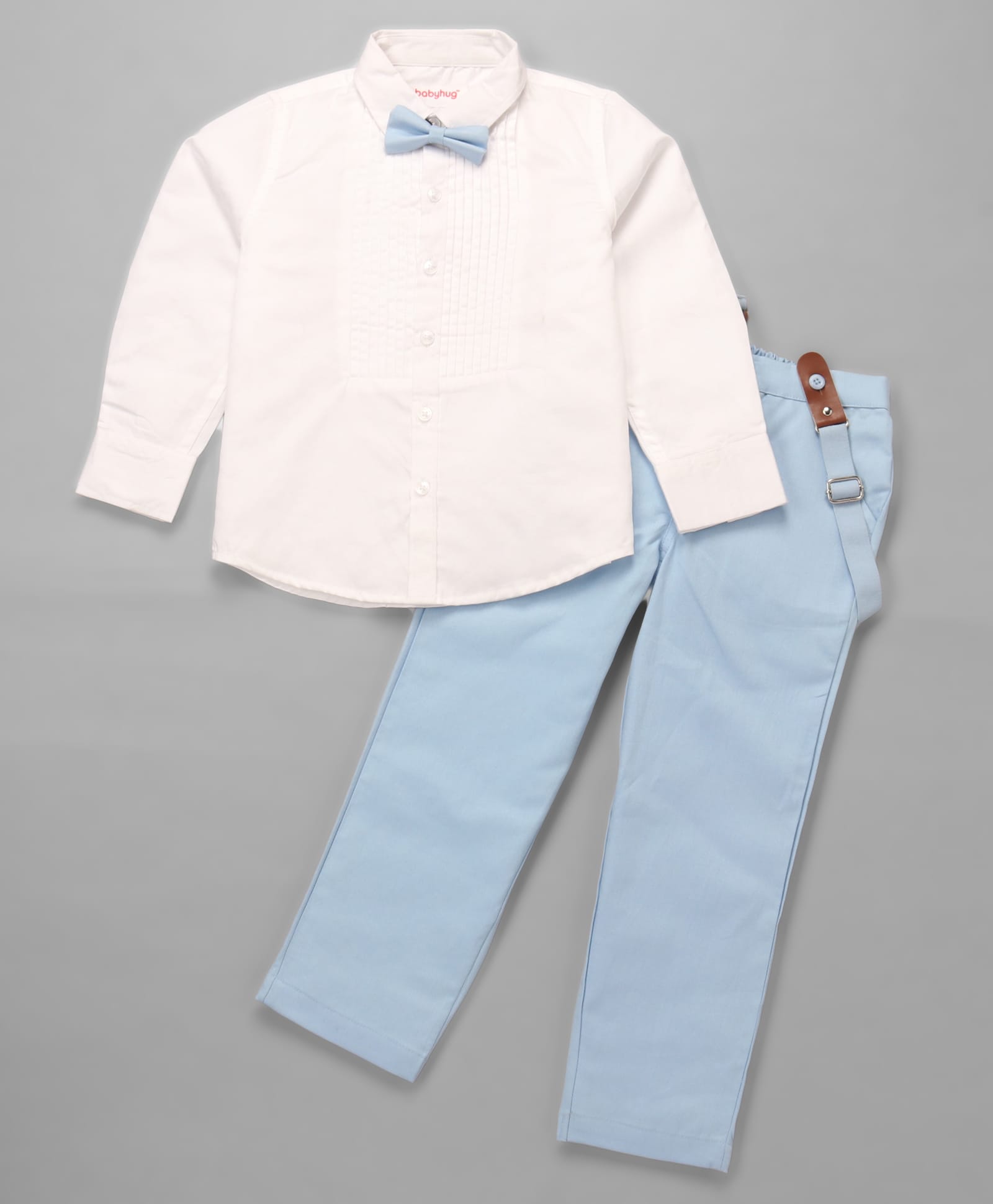 Babyhug Cotton Woven Full Sleeves Solid Party Wear Shirt & Trouser Set with Suspender & Bow - Sky Blue-picture-17