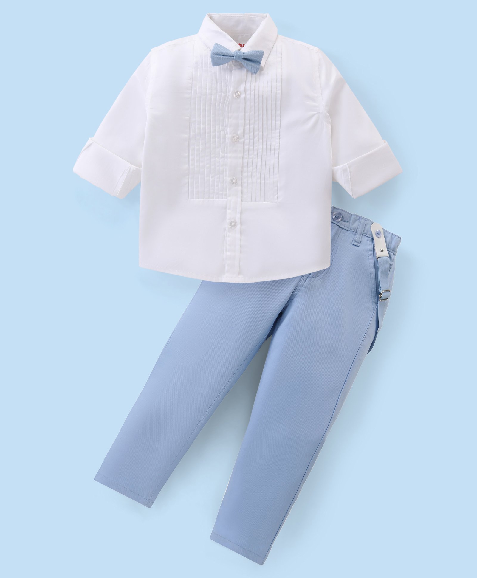 Babyhug Cotton Woven Full Sleeves Solid Party Wear Shirt & Trouser Set with Suspender & Bow - Sky Blue