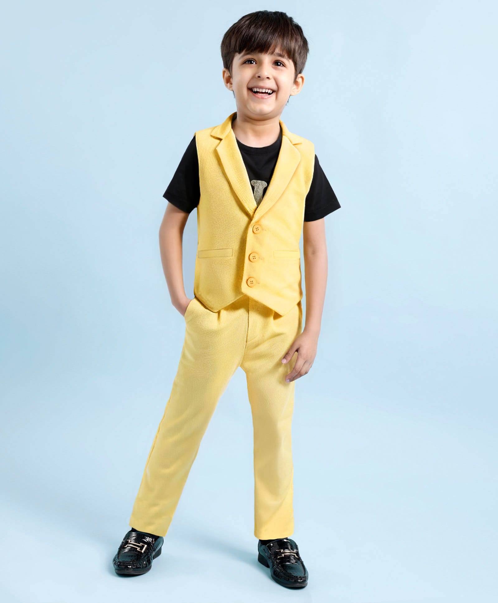 Babyhug Woven Half Sleeves Text Printed T-Shirt with Waist Coat & Trouser Set - Yellow-image-33
