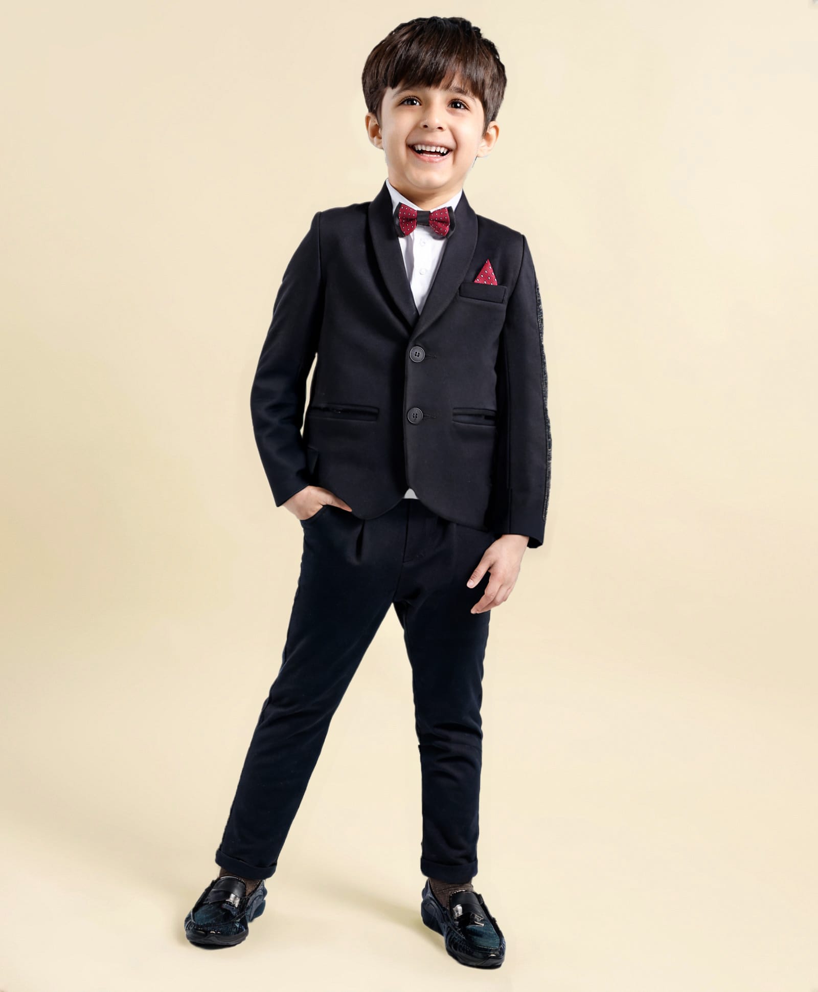 Babyhug Woven Full Sleeves Solid Colour 3 Piece Party Suit with Bow - Black & White-picture-25