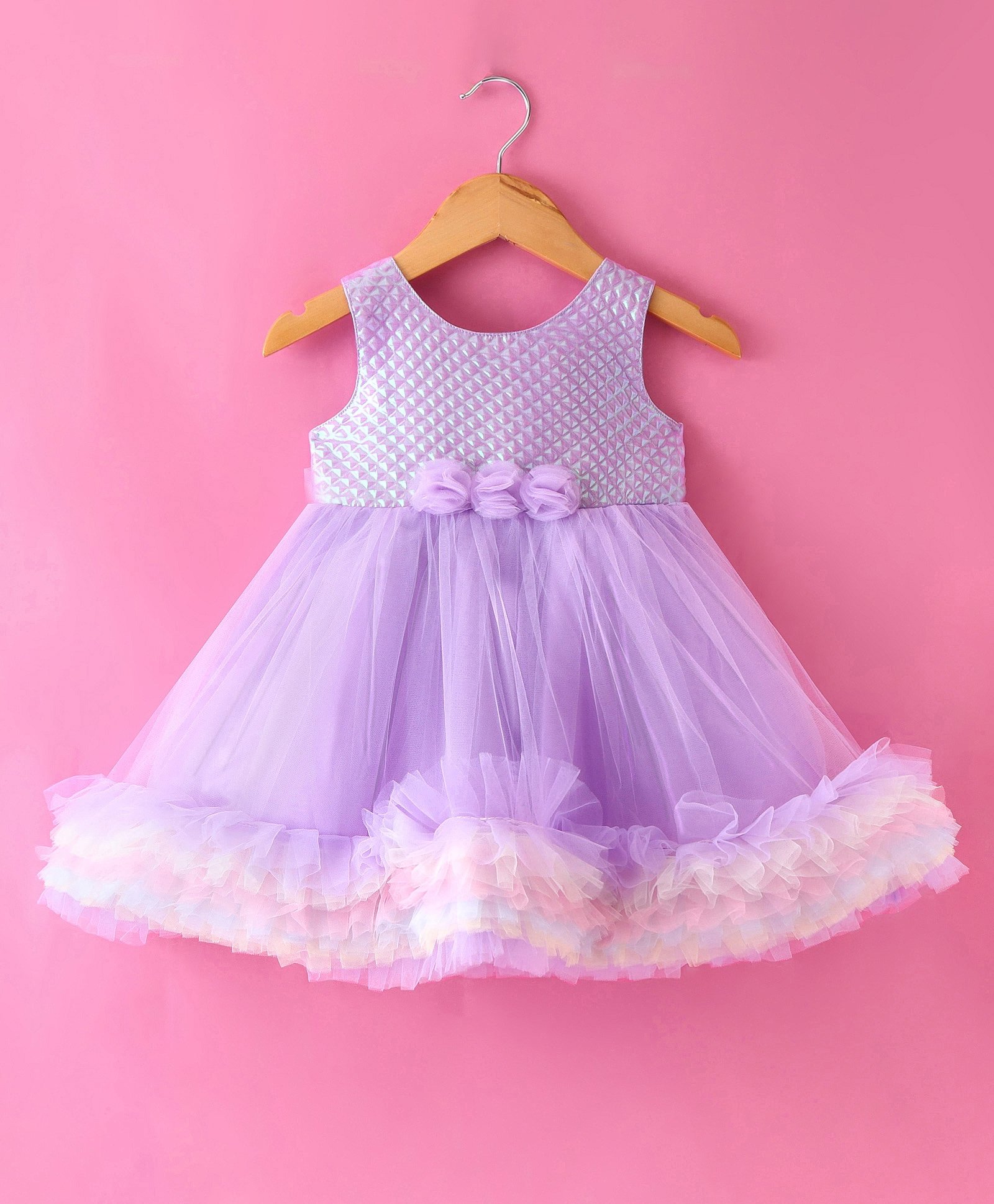 Babyhug Sleeveless Bubble Textured  Party Frock with Frill Detailing & Floral Applique - Lavender-image-43