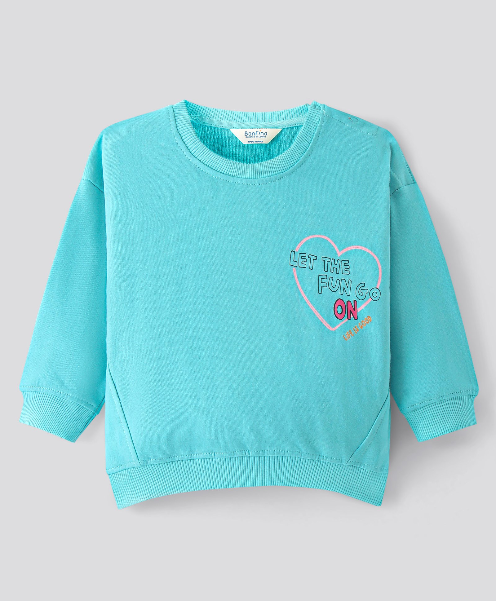 Bonfino 100% Cotton French Terry Full Sleeves Drop Shoulder Sweatshirt with Heart & Text Print- Blue-picture-14