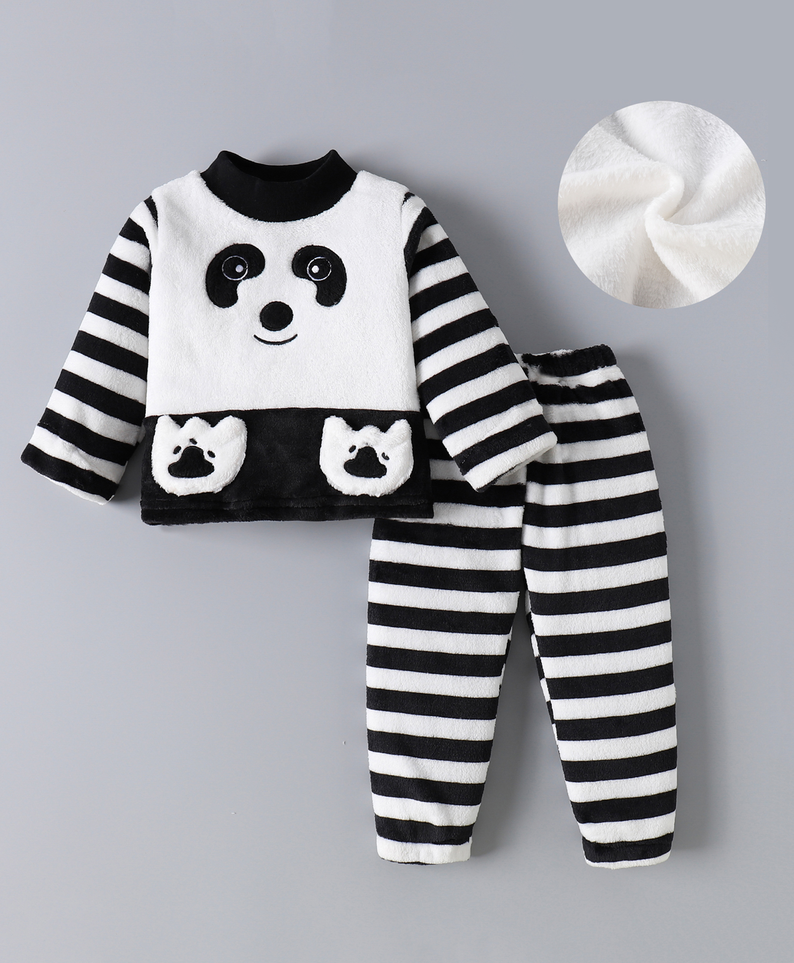 Kookie Kids Full Sleeves Striped High Neck Winter Wear Night Suit With Panda Applique - White & Black-picture-12