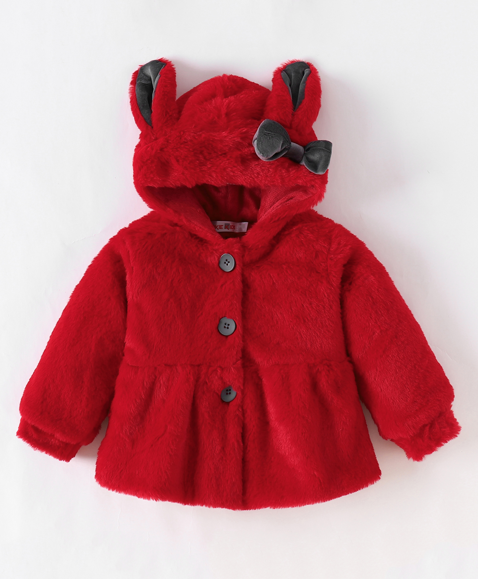 Kookie Kids Full Sleeves Front Open Hooded Fur Winter Jacket with Bow & Ears Applique - Red-image-41
