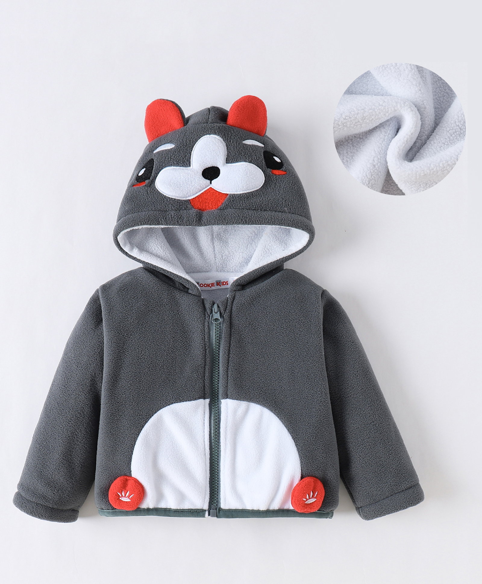 Kookie Kids Full Sleeves Front Open Hooded Sweatjacket with Dog Applique Detailing - Grey-picture-12