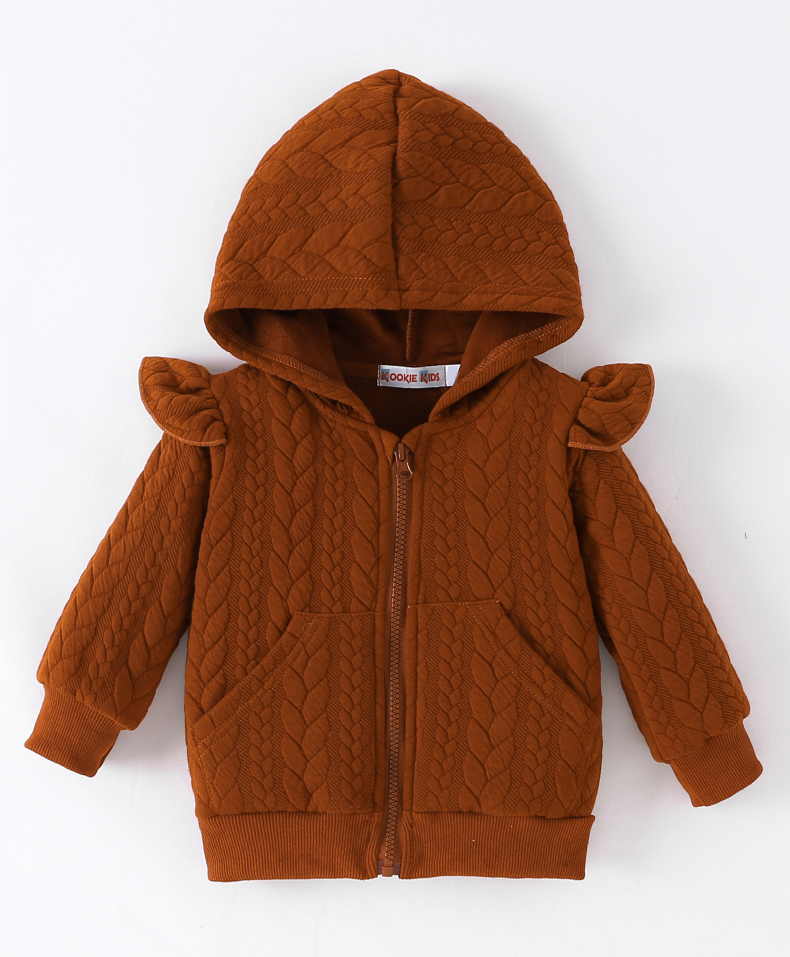 Kookie Kids Full Sleeves Front Open Hoodie With Frill Detailing & Cable Knit Design - Brown-picture-24