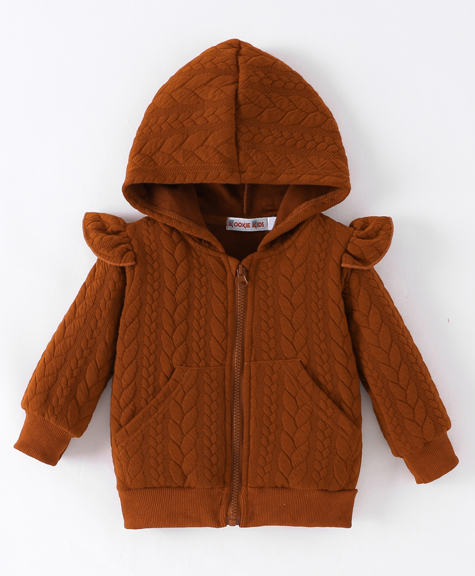Kookie Kids Full Sleeves Front Open Hoodie Sweatjacket With Frill Detailing & Cable Knit Design - Brown-image-26
