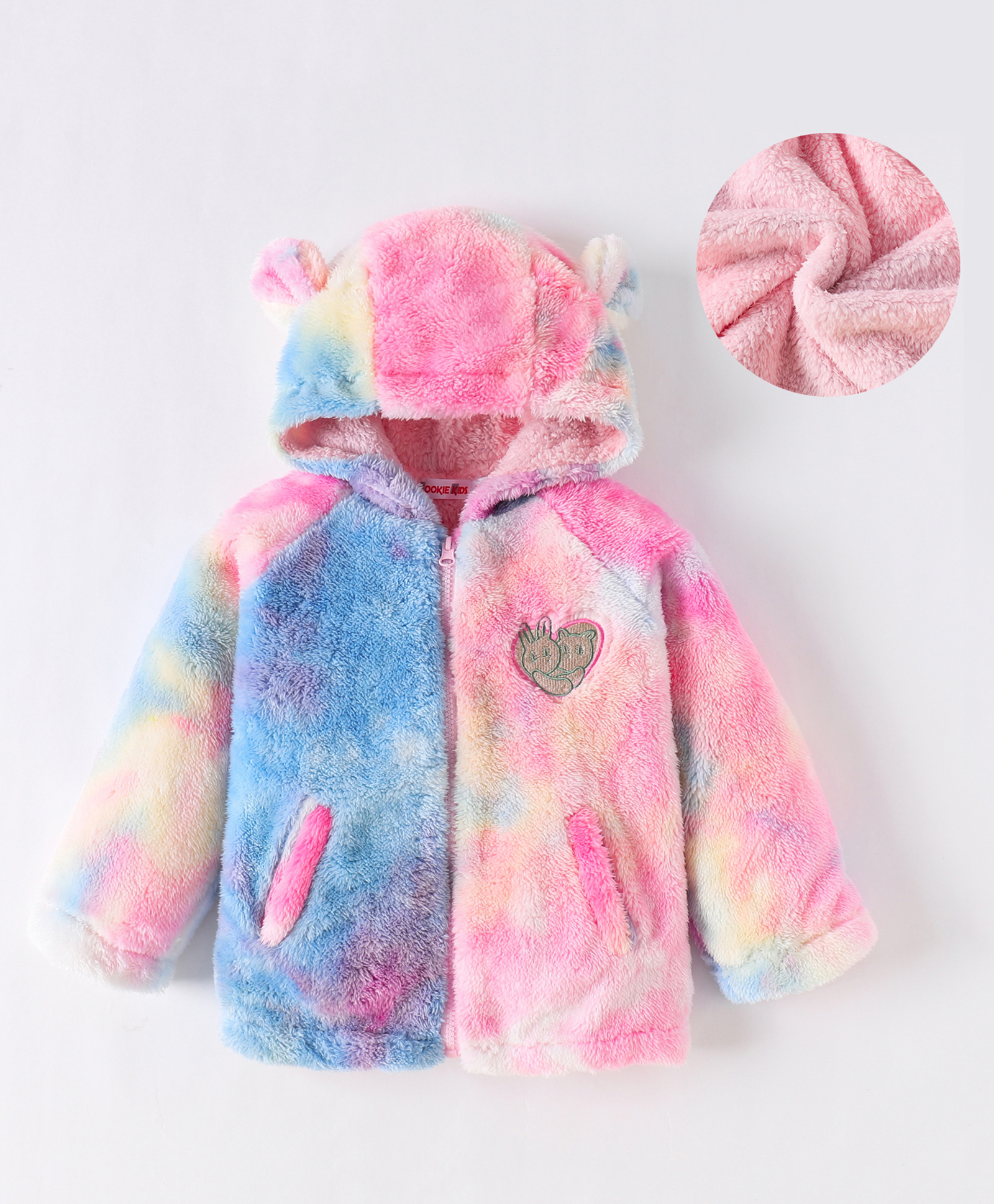 Kookie Kids Full Sleeves Front Open Hooded Fur Winter Jacket with Tie & Dye Design & Heart Patch Detailing - Multicolour-image-38