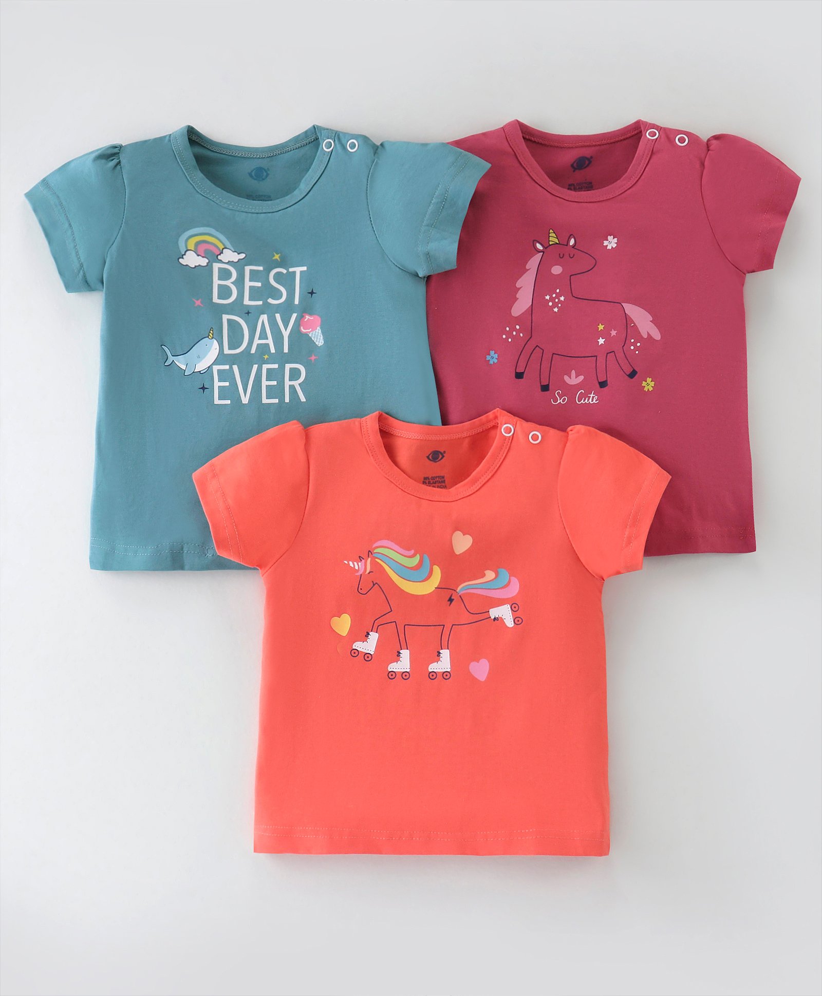 Zero Sinker Cotton Knit Half Sleeves Tops with Unicorn & Text Print Pack of 3 - Strawberry Turquoise & Coral-picture-0