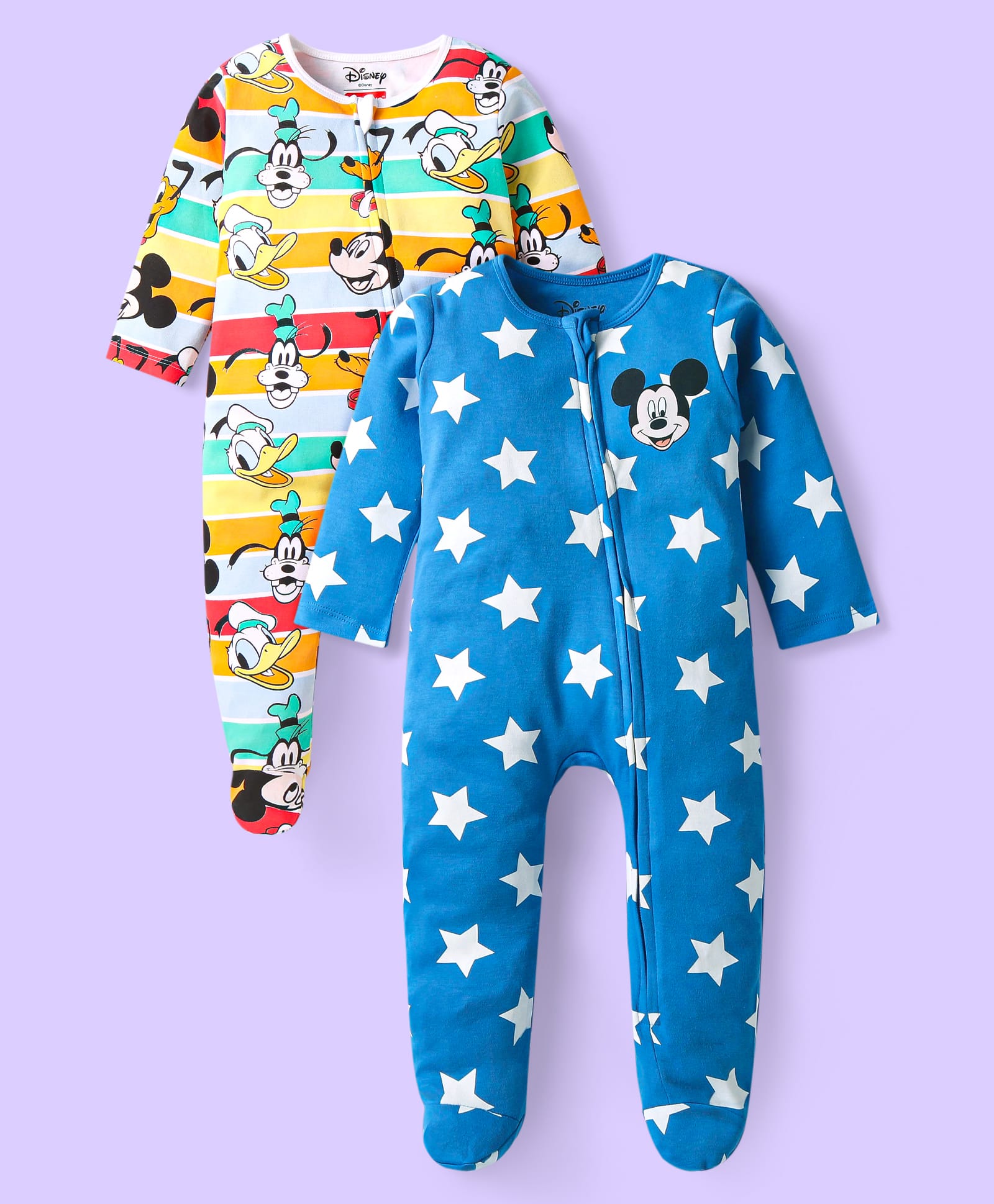 Babyhug Disney Interlock Knit Full Sleeves Footed Sleep Suits With Mickey Mouse Graphics Pack of 2 - Yellow & Blue-image-45