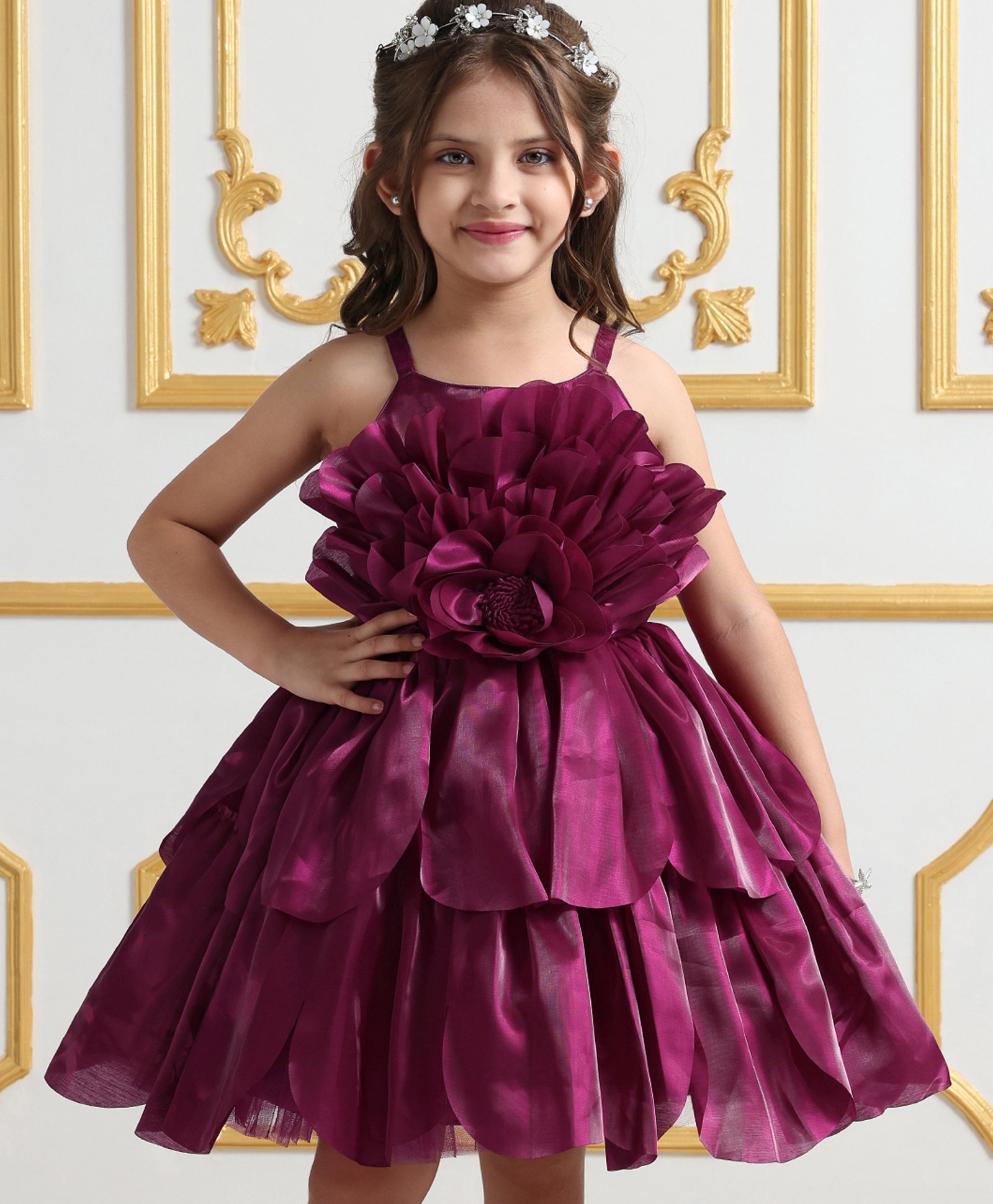 Mark & Mia Sleeveless Layered Party Frock with Floral Applique - Maroon-image-28