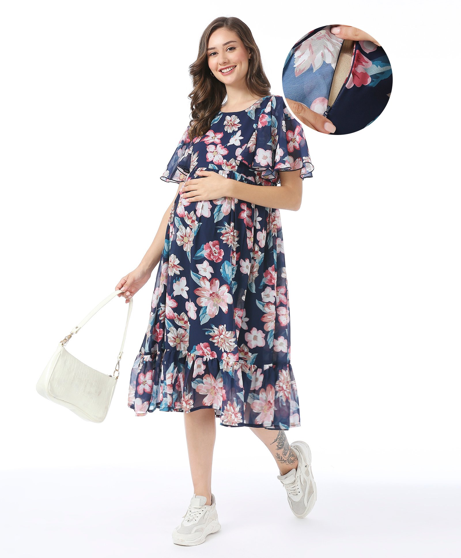 Bella Mama Woven Flutter Sleeves Maternity Dress Floral Print - Navy-image-28