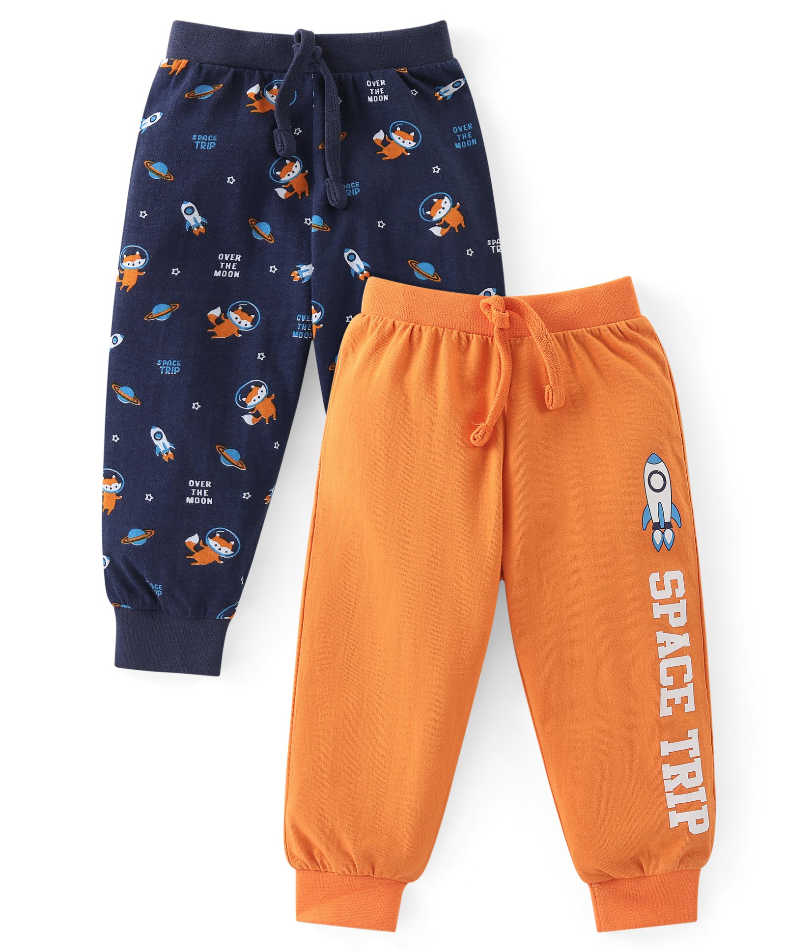 Babyhug Cotton Knit Full Length Lounge Pants with Animal & Text Print Pack of 2 - Orange & Navy-picture-25