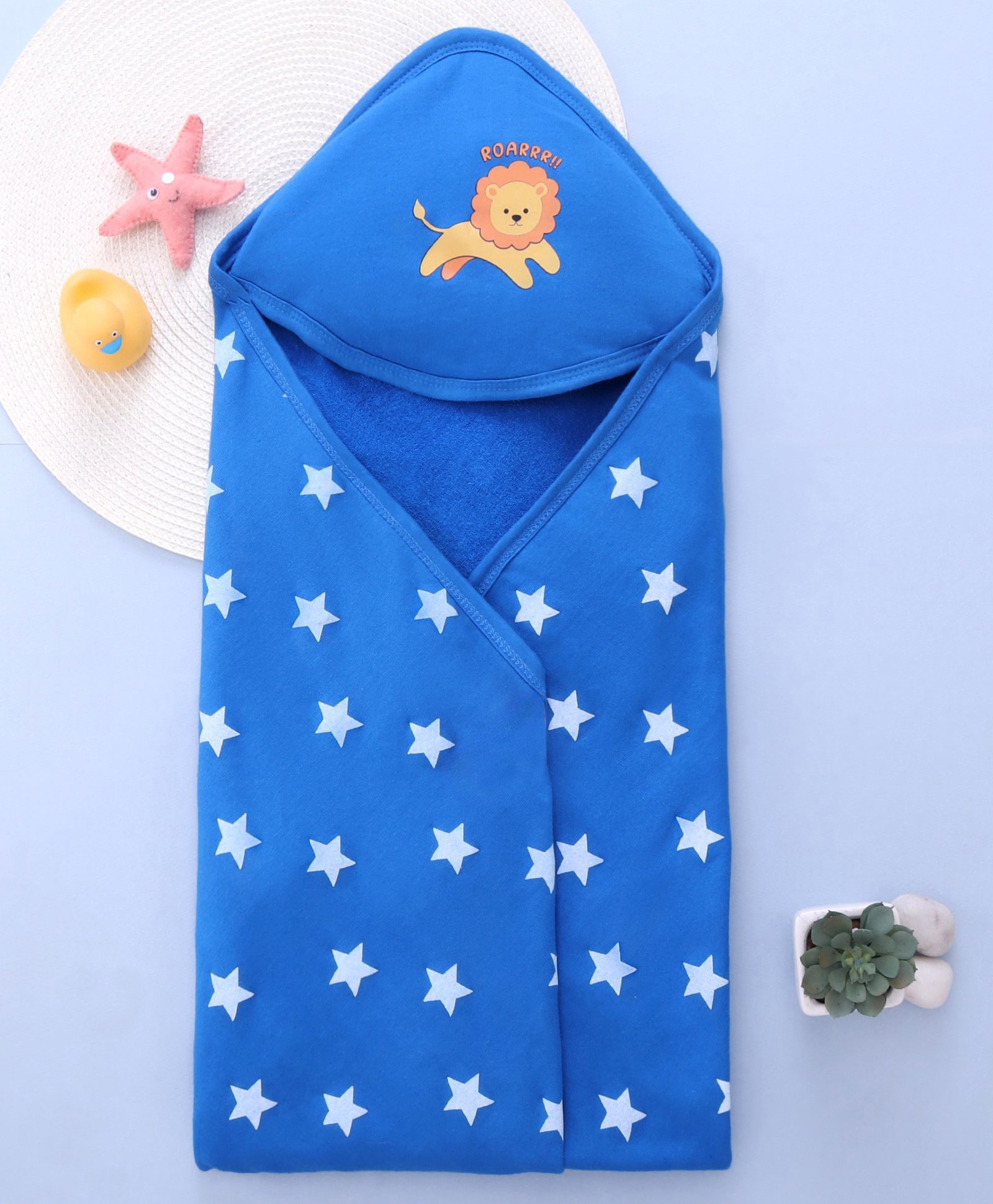 Babyhug Terry Knit Hooded Bath Towel With Star Print L 76 x B 76 cm - Blue-image-13