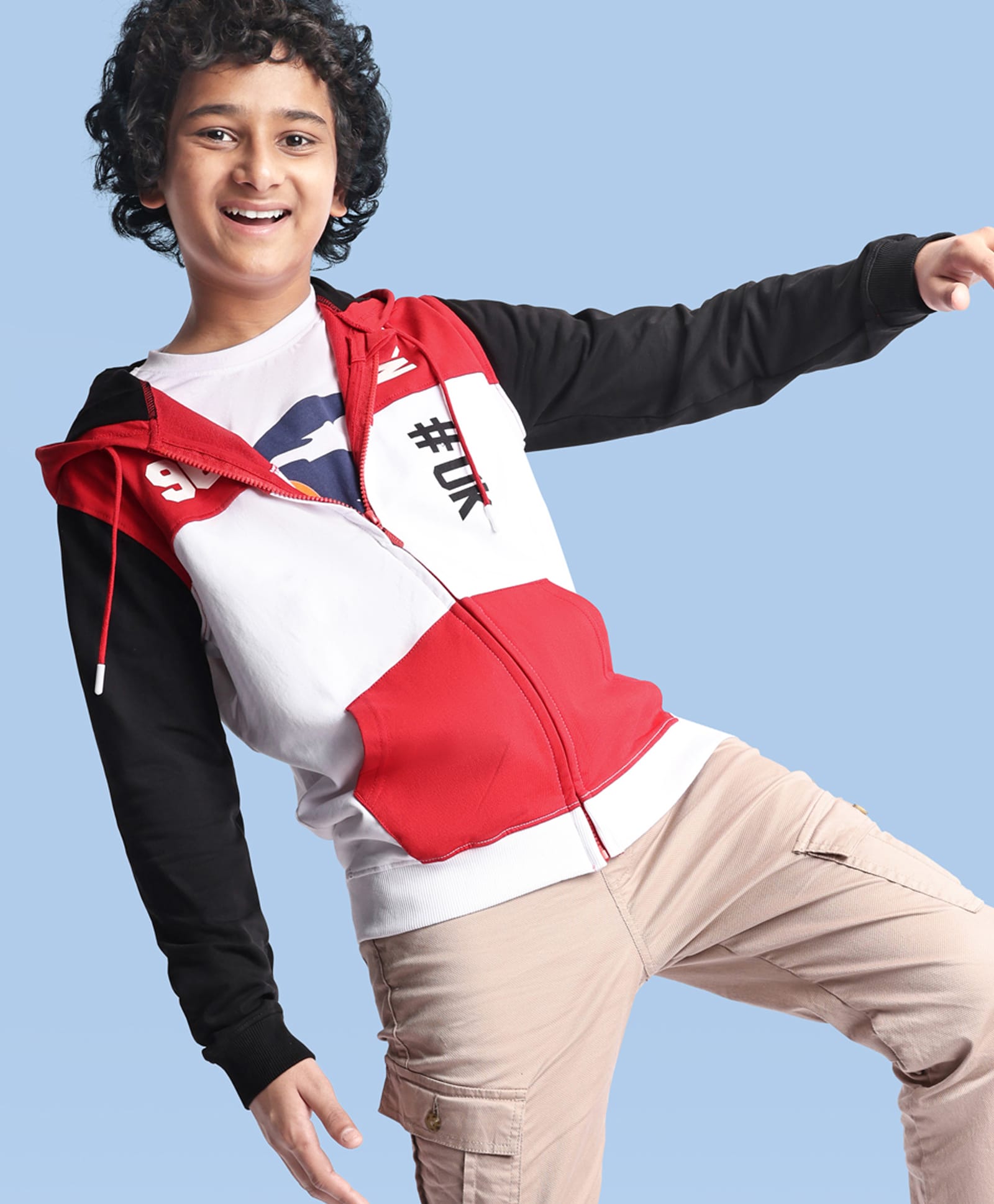 Pine Kids Cotton Knit Full Sleeves Hooded Sweatjacket With Cut & Sew Design & Text Print - Red & White-picture-29