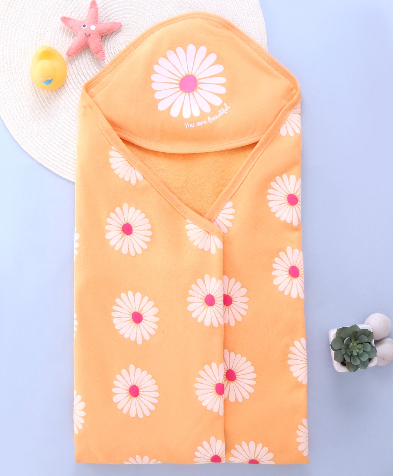 Babyhug Double Ply Terry Floral Print Hooded Towel L 76 x B 76 cm - Peach-image-27