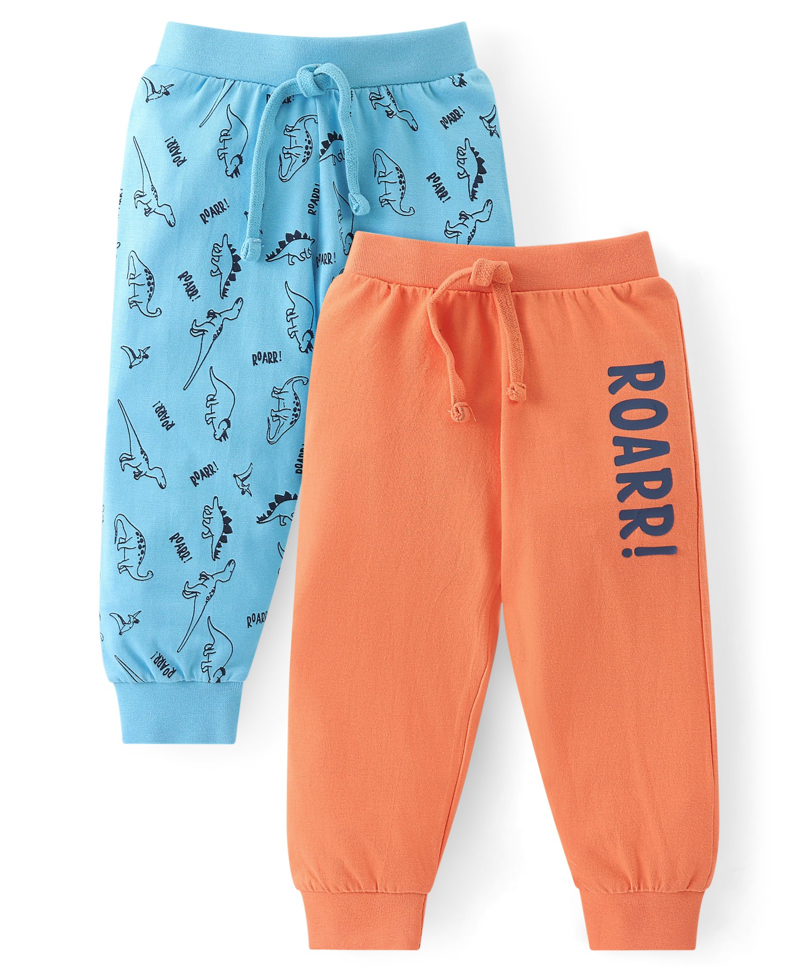 Babyhug Cotton Knit Lounge Pants with Dino & Text Print Pack of 2 - Orange & Navy-picture-23