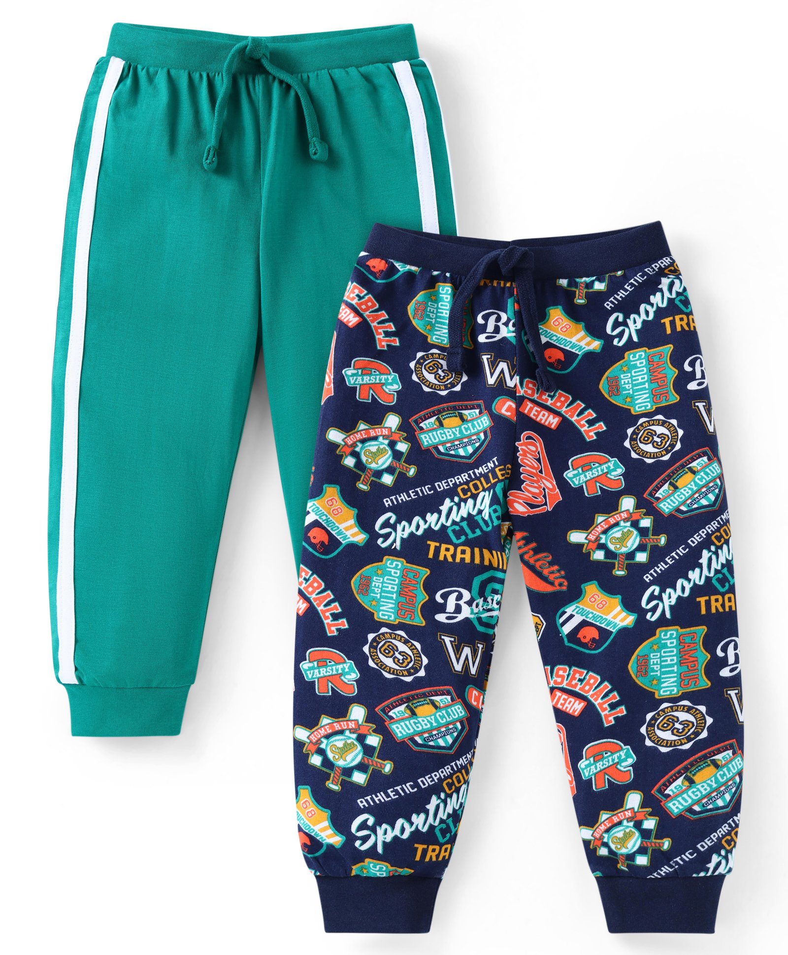 Babyhug Cotton Knit Full Length Solid & Logos Printed Lounge Pants Pack of 2 - Teal Blue & Navy Blue-image-26