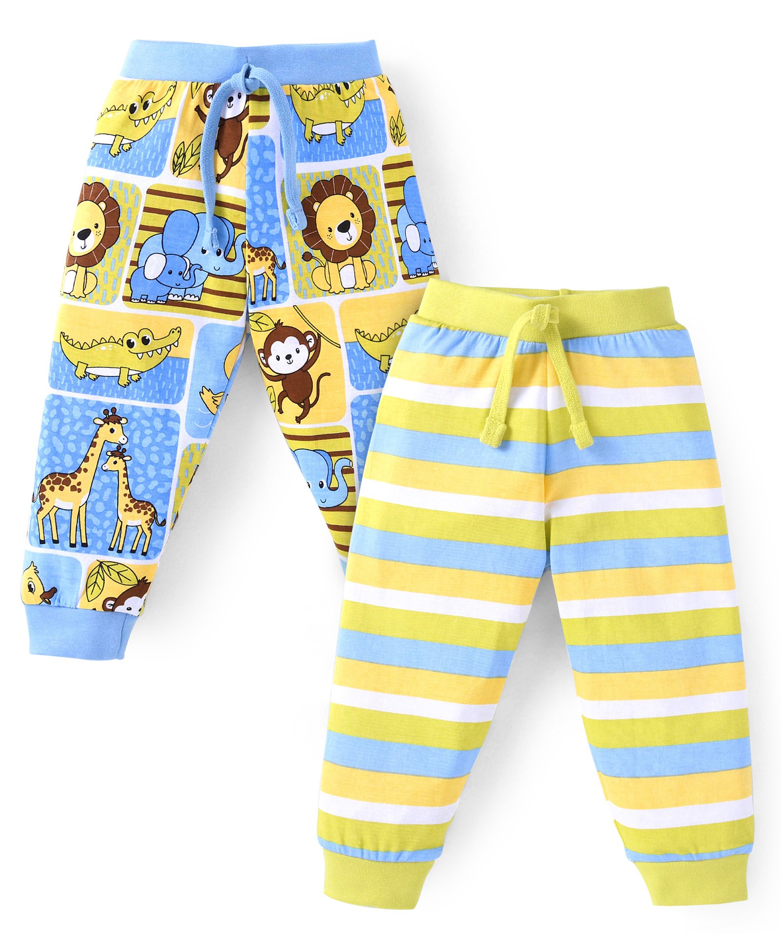 Babyhug Cotton Knit Full Length Striped & Animal Printed Lounge Pants Pack of 2 - Blue & Green-picture-13