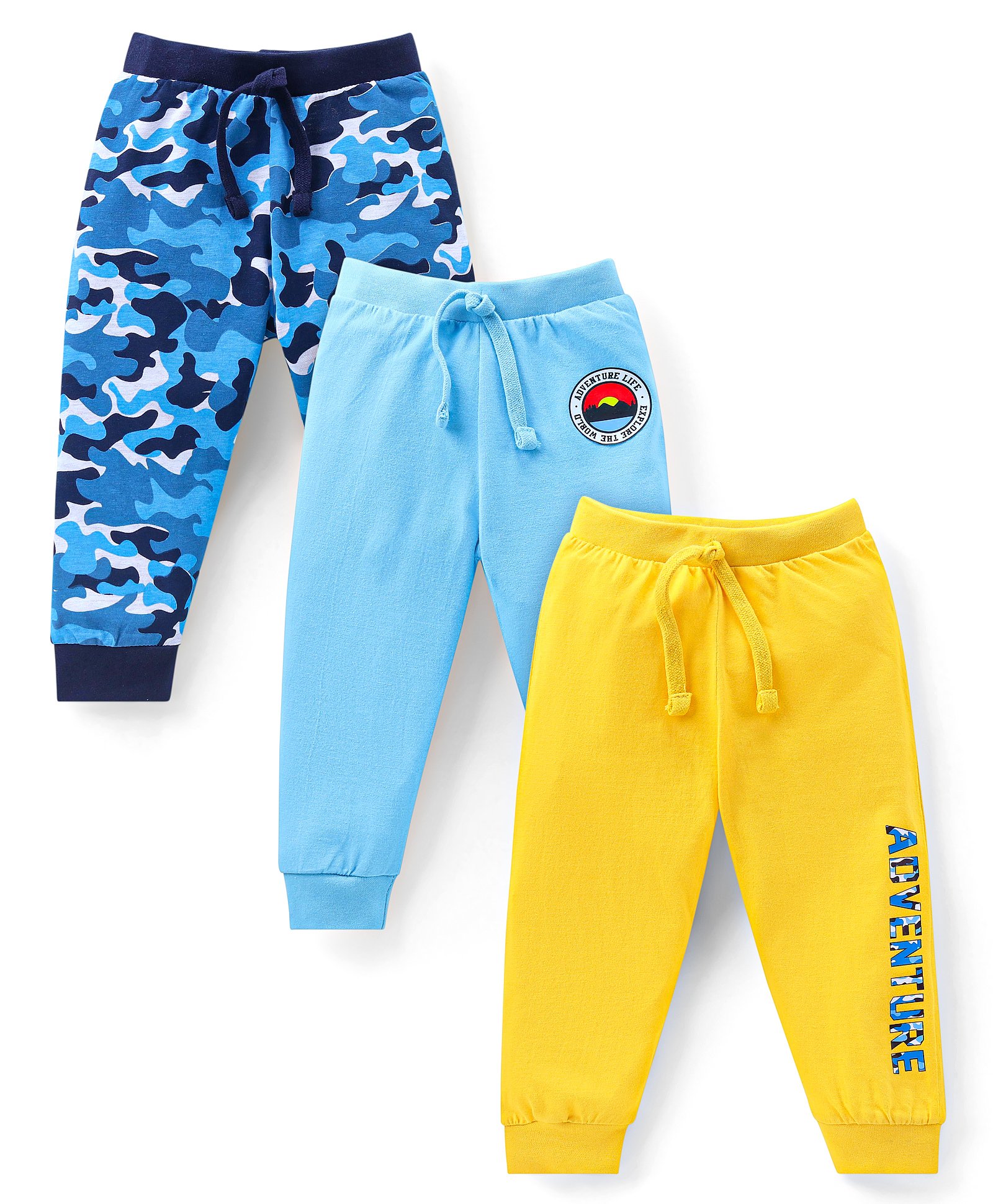 Babyhug Cotton Knit Full Length Lounge Pants With Camouflage & Text Print Pack Of 3 - Light Blue Yellow & Blue-picture-27