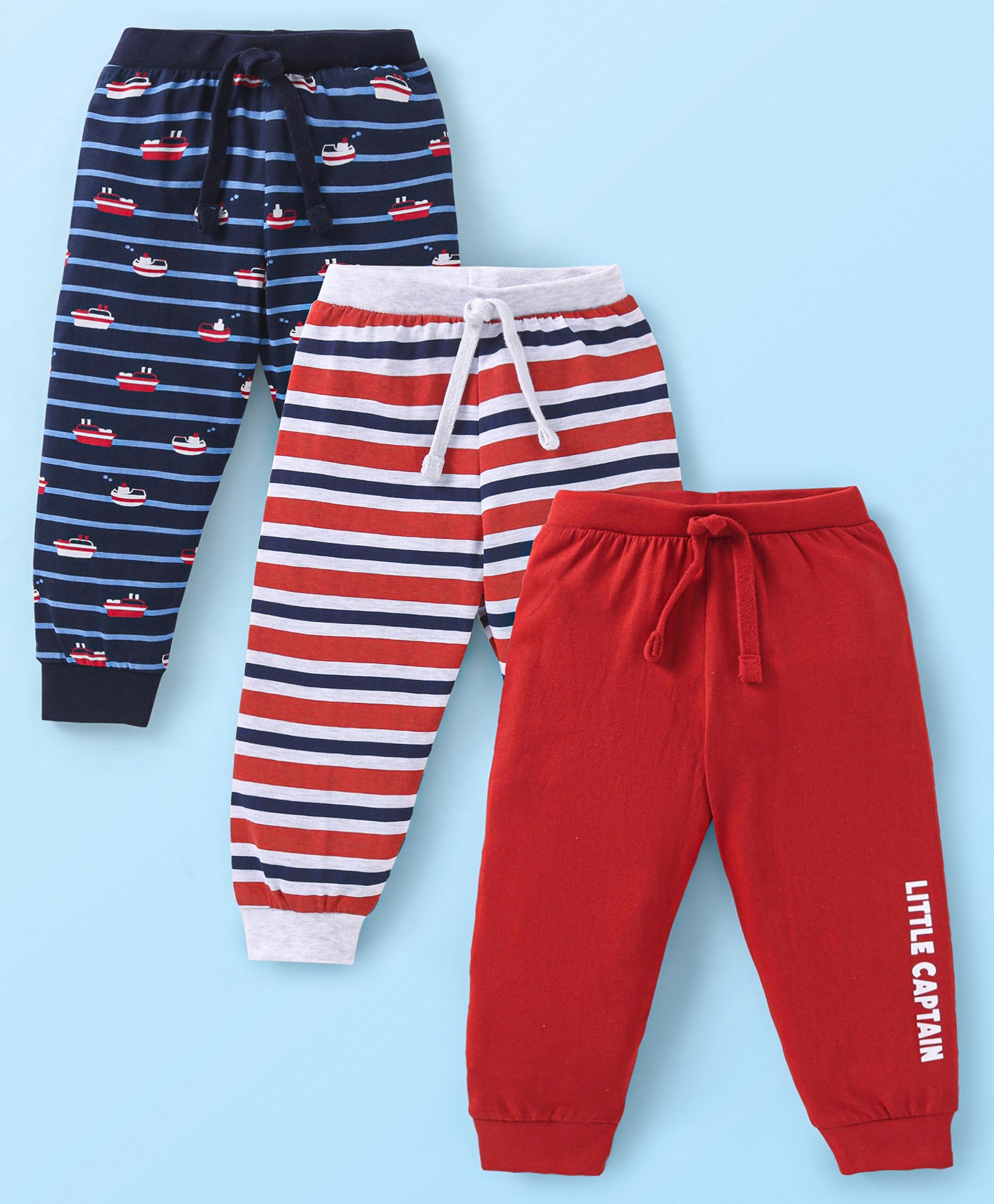 Babyhug Cotton Knit Full Length Lounge Pants With Stripes & Nautical Theme Print Pack Of 3 - Red & Navy-picture-18