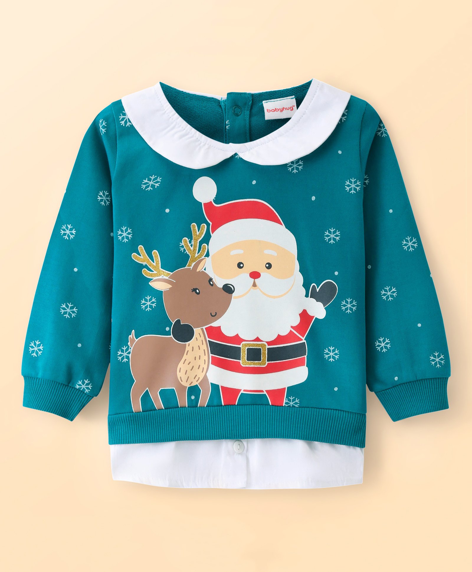 Babyhug Knit Full Sleeves Sweatshirt With Santa Claus Graphics & Peter Pan Collar - Teal-image-25