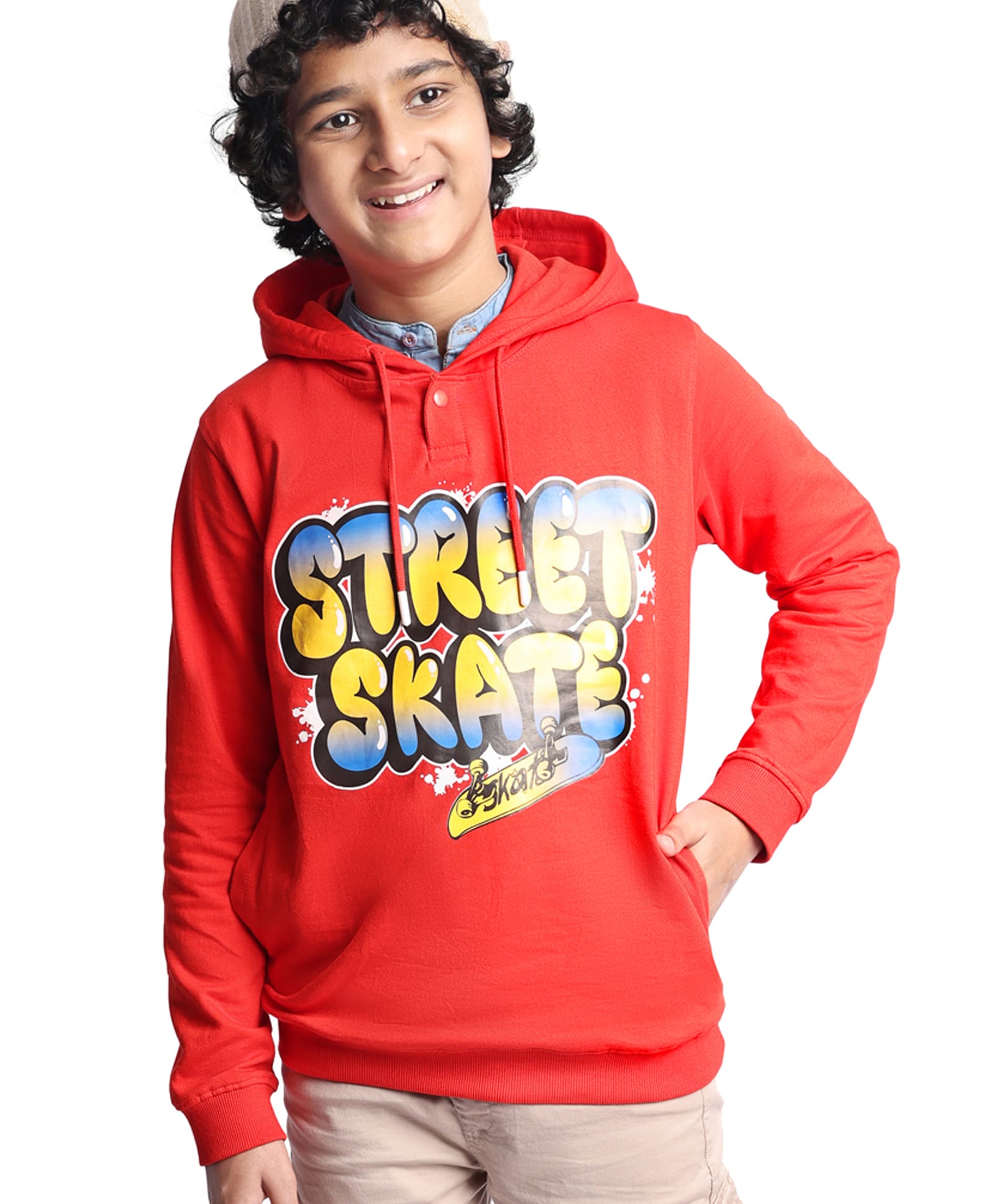 Pine Kids Cotton Knitted Full Sleeves Hooded Sweatshirt With Text Print - Red-picture-12