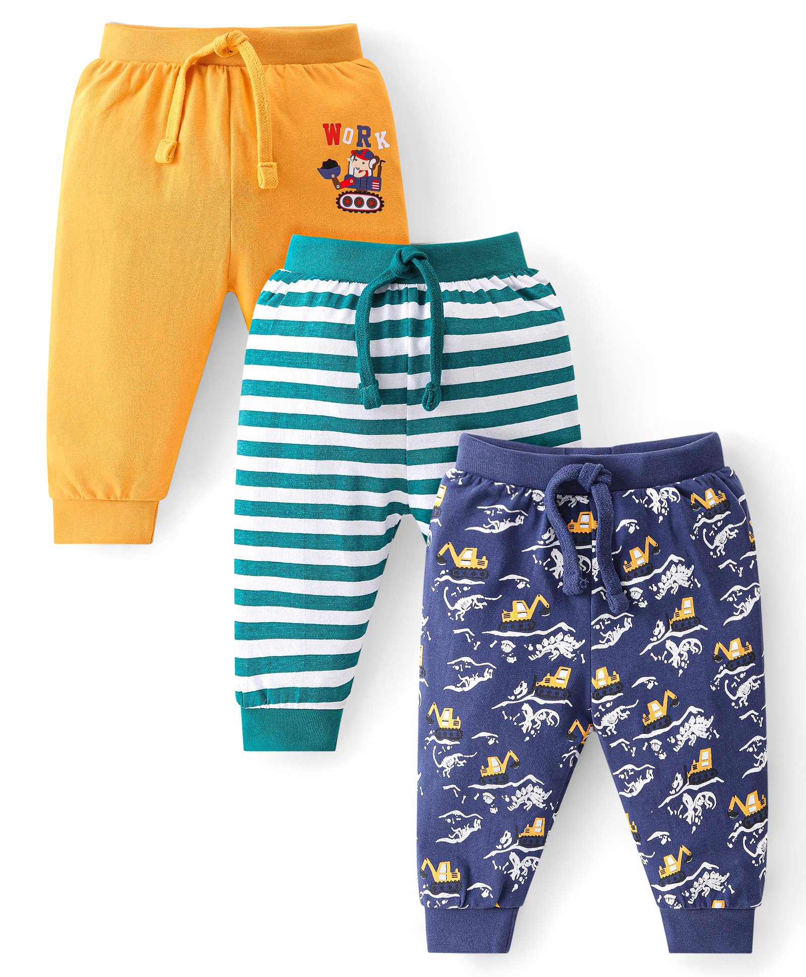 Babyhug Cotton Knit Full Length Lounge Pants with Stripes & Vehicle Print Pack of 3 - Yellow Green & Blue-picture-27