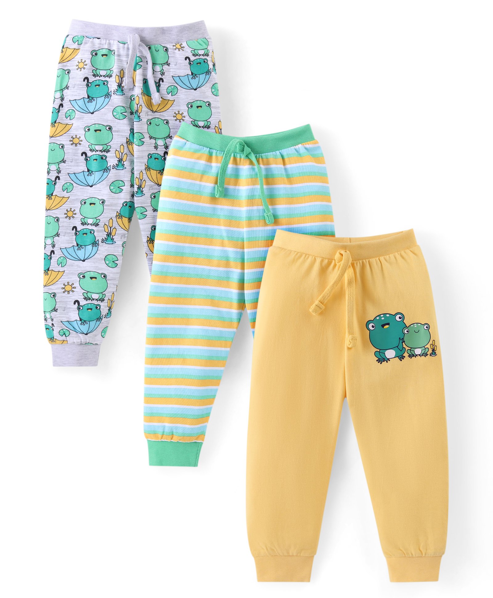 Babyhug Cotton Knit Full Length Lounge Pants with Frog Print Pack of 3 - Grey Green & Yellow-picture-13
