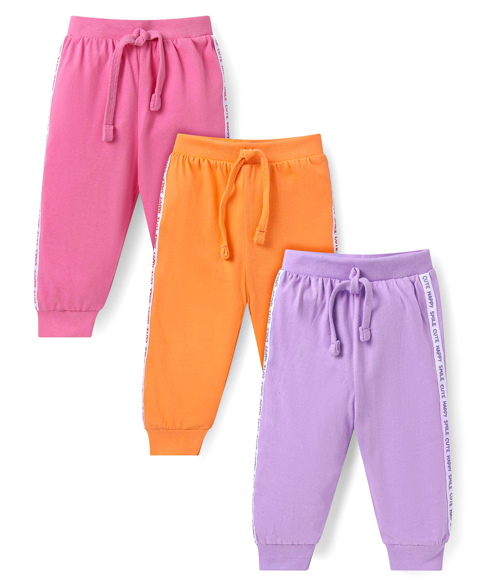 Babyhug Cotton Knit Full Length Lounge Pants With Text Print Pack Of 3 - Orange Pink & Lilac-picture-21