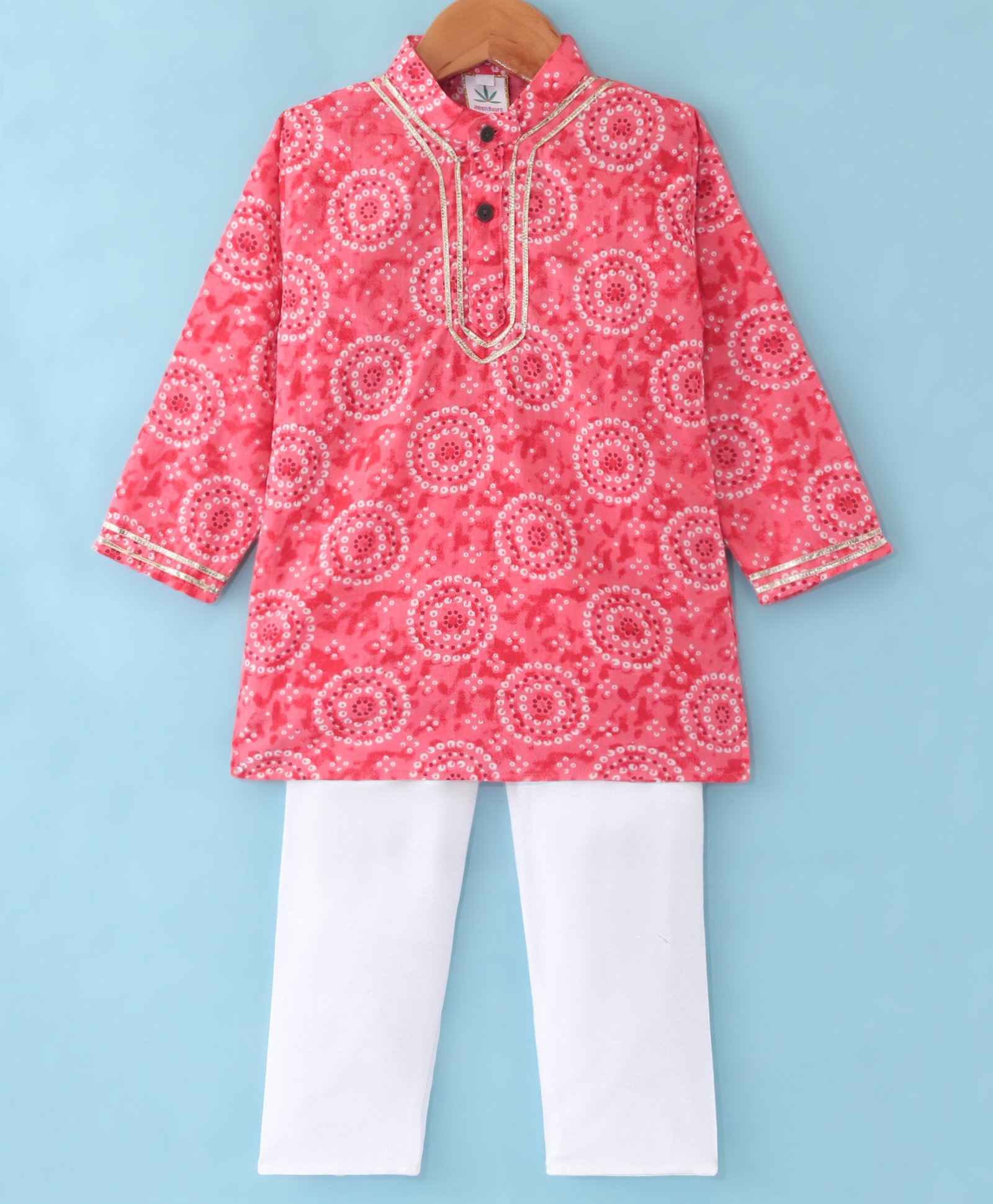 Teentaare Cotton Full Sleeves Kurta Pyjama Set Bandhani Print - Peach-image-12