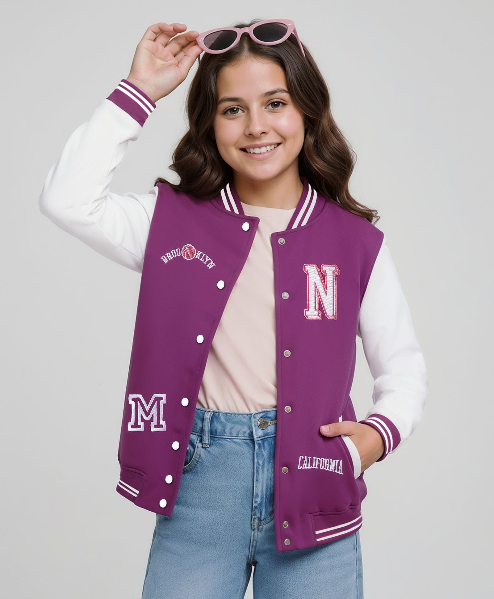 Pine Kids Cotton Knit Full Sleeves Bomber Jacket With Text Embroidery - Purple & White-picture-23