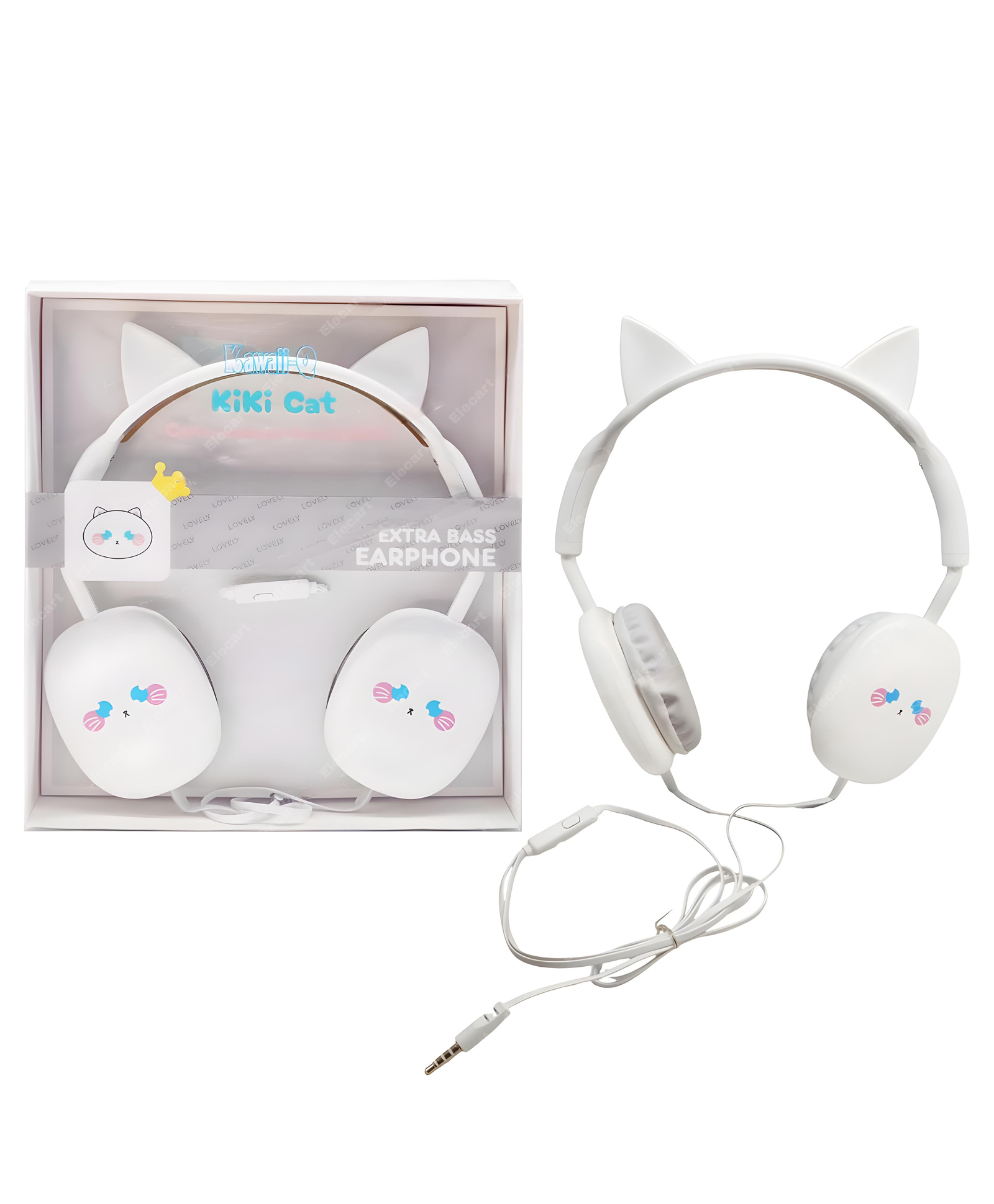 Elecart Kawaii Cute Design Wired Headphones with Built-in Microphone For Kids Teenagers White Cat-picture-11