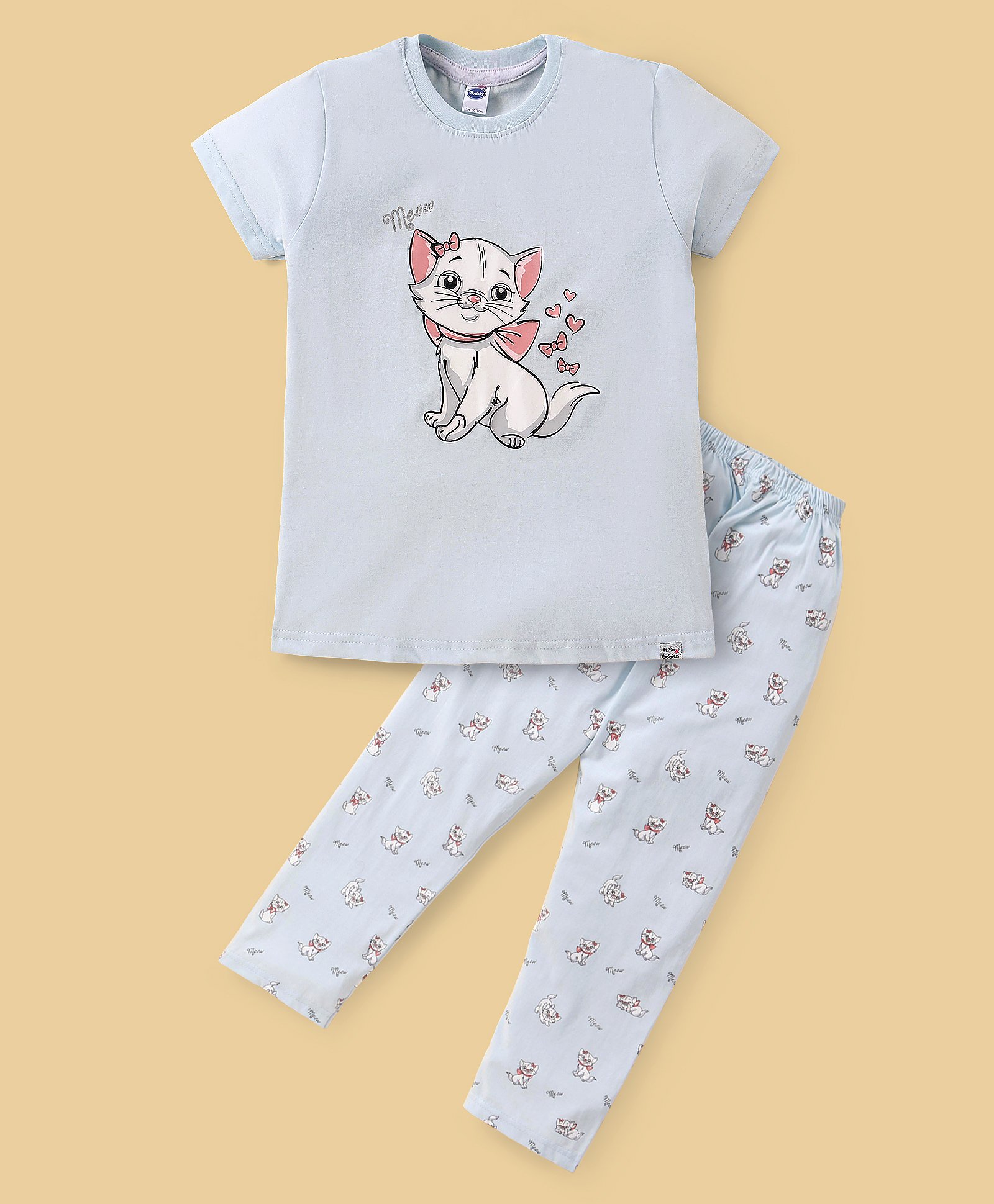 Teddy Sinker Knit Half Sleeves Night Suit With Kitty Print - Blue-picture-17