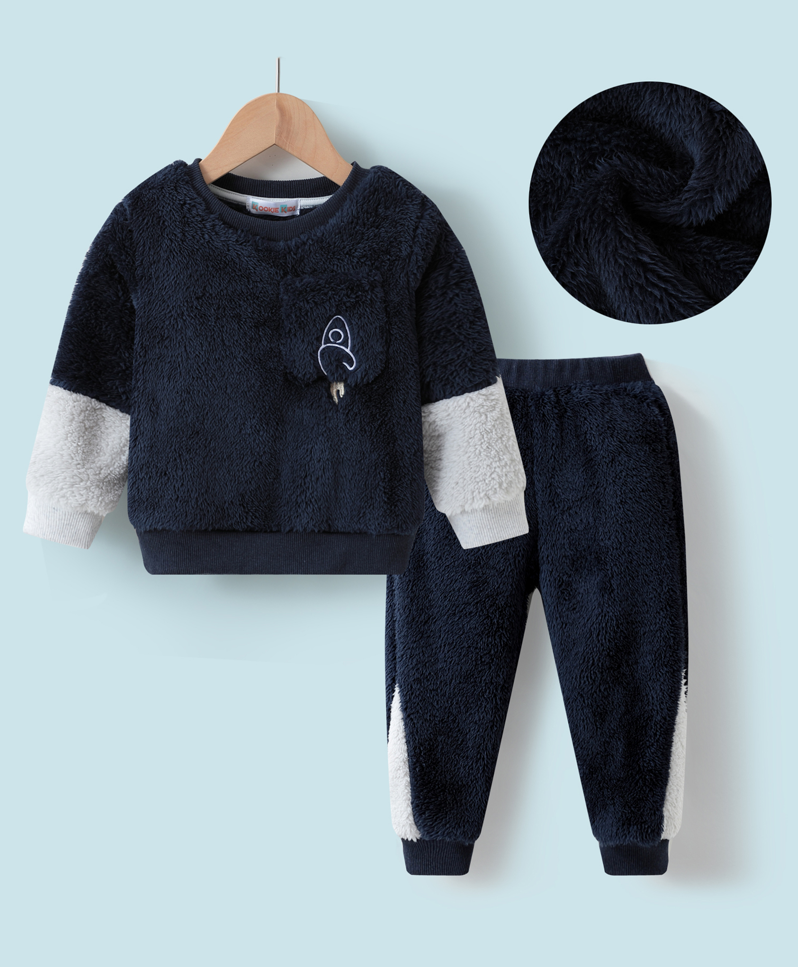 Kookie Kids Full Sleeves  Winter Wear T-Shirt & Pant Set with Rocket Embroidery - Navy Blue-image-11