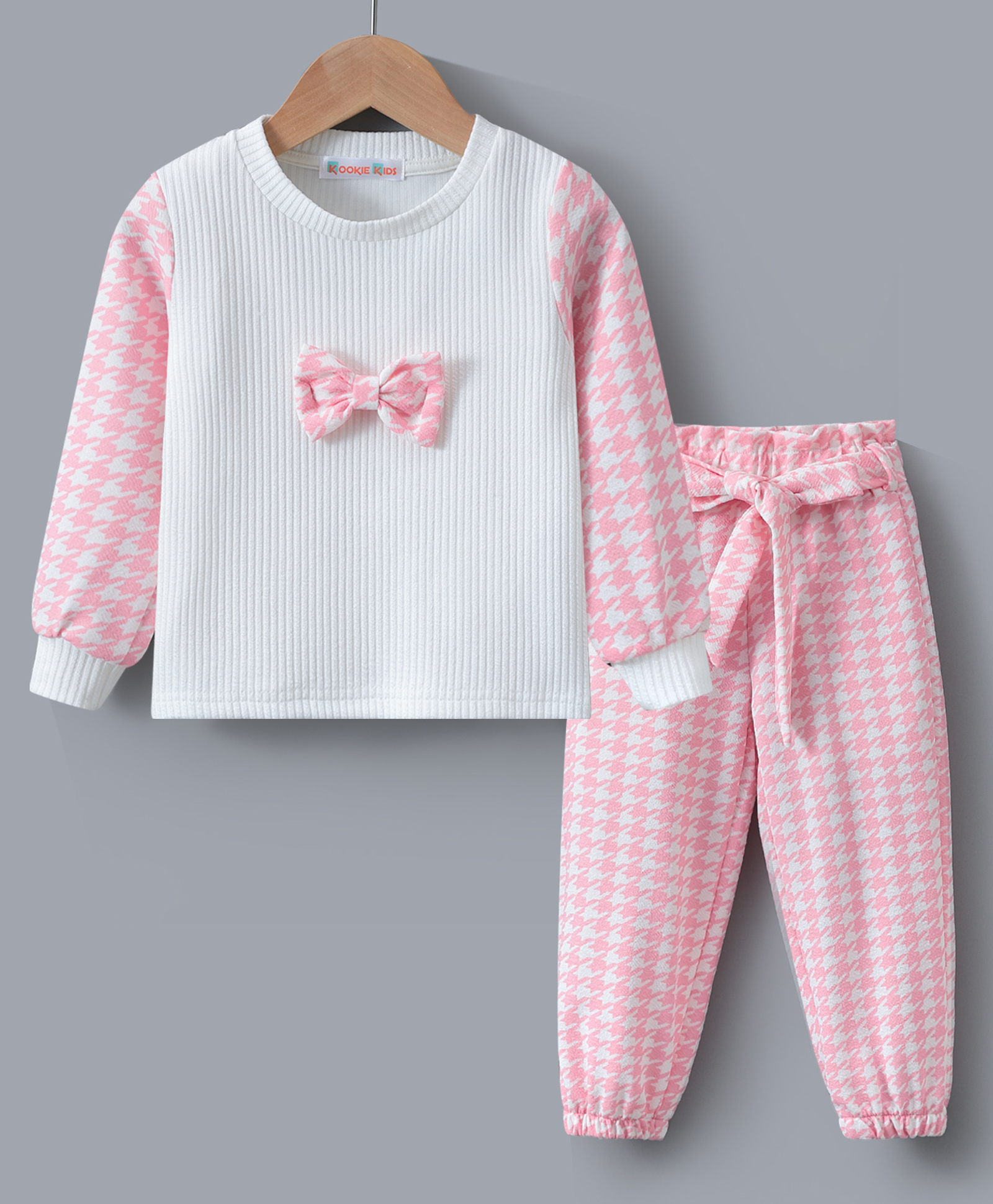 Kookie Kids Full Sleeves Winter Wear Checkered   T-Shirt & Pant Set with Bow Applique - Pink-image-11
